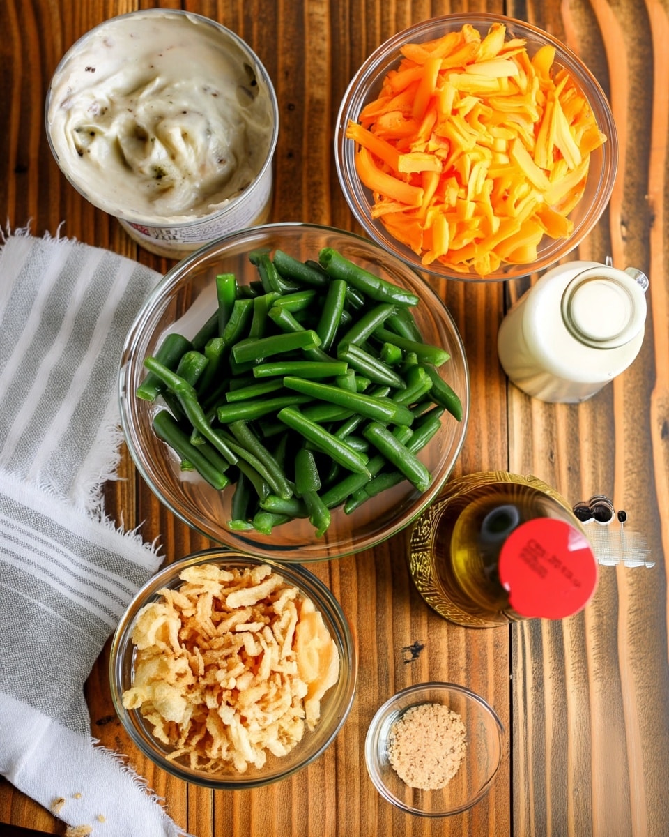 The image shows six small clear glass bowls and a small glass bottle arranged on a wooden table background. The largest bowl in the center contains bright green cut green beans. Above it, a bowl filled with shredded orange cheddar cheese stands next to a bowl of creamy white sauce with visible mustard seeds. Below the green beans, a bowl with crispy fried onions and a small bowl with light brown breadcrumbs are placed. To the right, a small bottle filled with olive oil with a red cap and a small glass bottle with white liquid stand near each other. A white and gray striped cloth napkin is on the left edge of the image. The surface is wooden, but change it to a white marbled texture. Photo taken with an iphone --ar 4:5 --v 7
