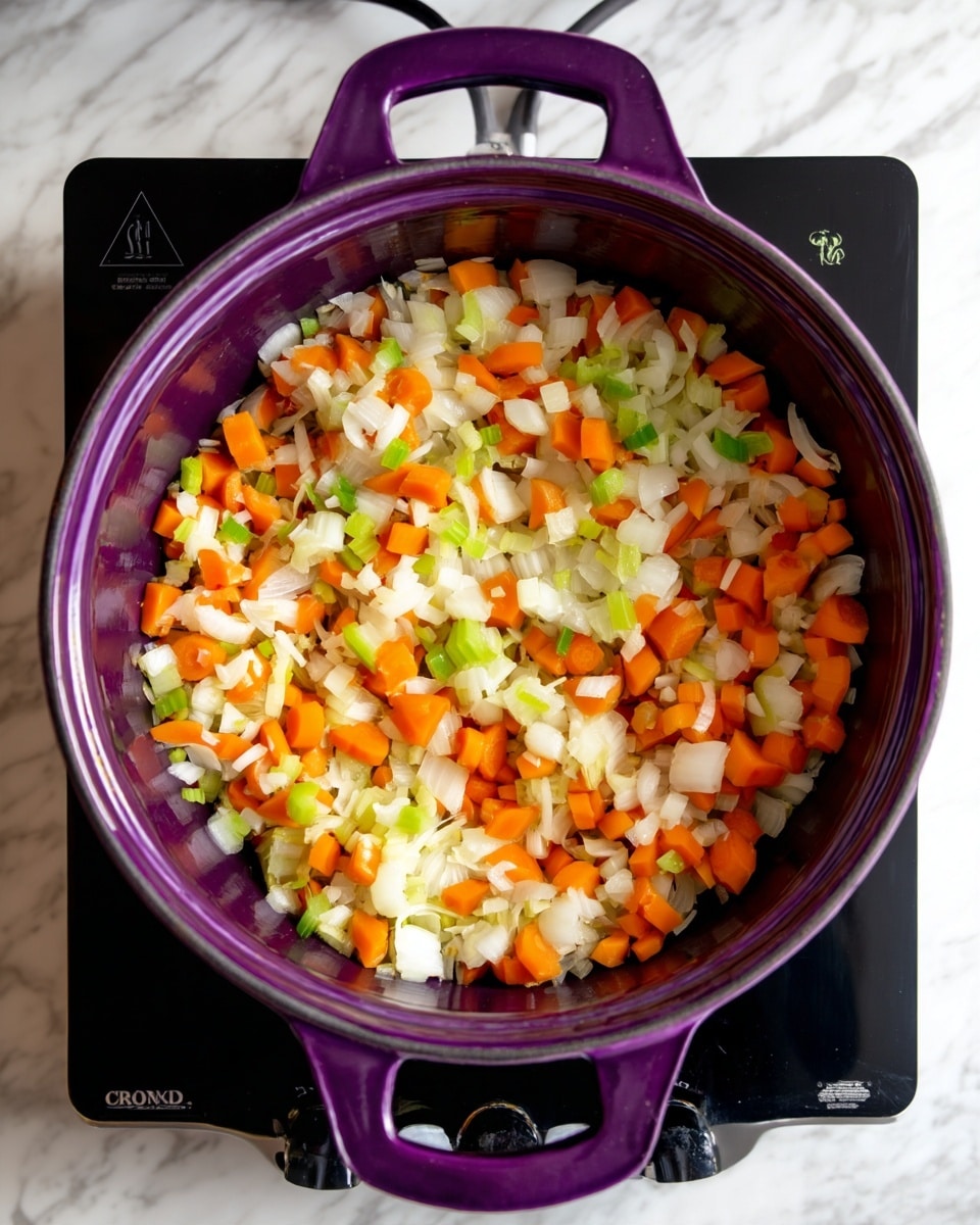 A top view of a large purple pot filled with small, chopped vegetables in one layer, including white onions, orange carrots, and green celery. The vegetables have a soft, cooked texture and are spread evenly inside the pot. The pot sits on a black cooktop against a white marbled surface background. Photo taken with an iphone --ar 4:5 --v 7