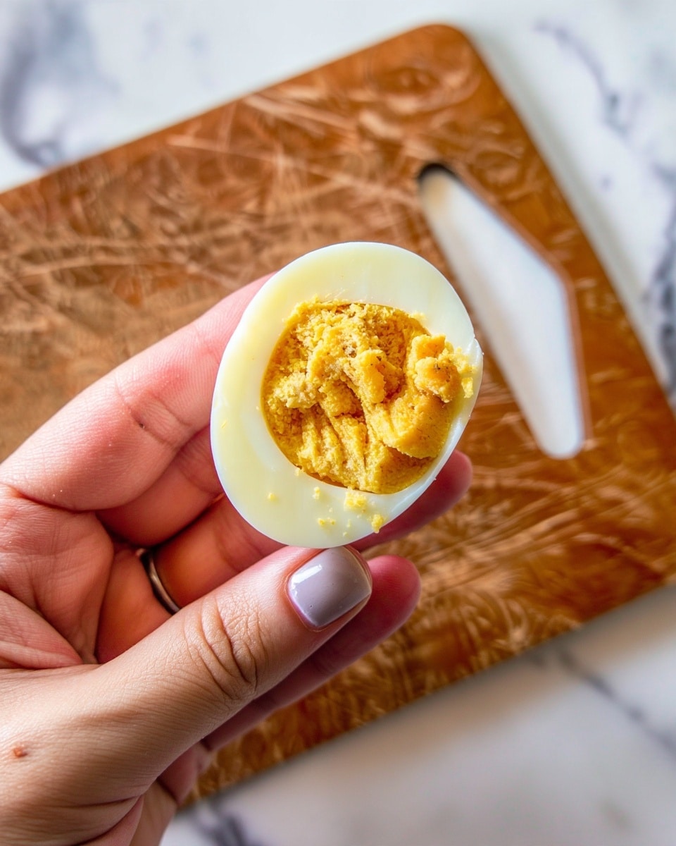 A woman's hand is holding half of a hard-boiled egg with a bright yellow yolk that looks crumbly, set against a brown wooden cutting board lying on a white marbled surface. The egg white is smooth and slightly shiny, contrasting with the textured yolk in the center. The background is softly lit, emphasizing the details of the egg and the board. Photo taken with an iphone --ar 4:5 --v 7