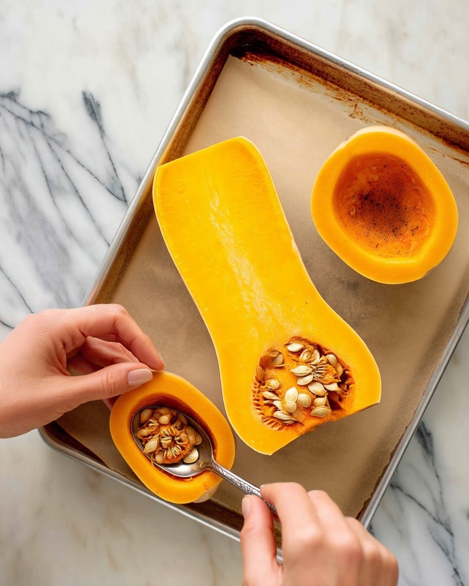 The image shows two stages of preparing butternut squash. On the left side, a woman's hand with a spoon is scooping out light brown seeds from the bright orange inside of one half of the squash. The other half lies next to it with seeds still inside. Both halves rest on a white marbled surface. On the right side, the same two squash halves are on a baking tray with parchment paper; one half is whole and the other has its seeds removed and is slightly seasoned, showing some dark specks on the orange flesh. The background is also the same white marbled surface. photo taken with an iphone --ar 4:5 --v 7