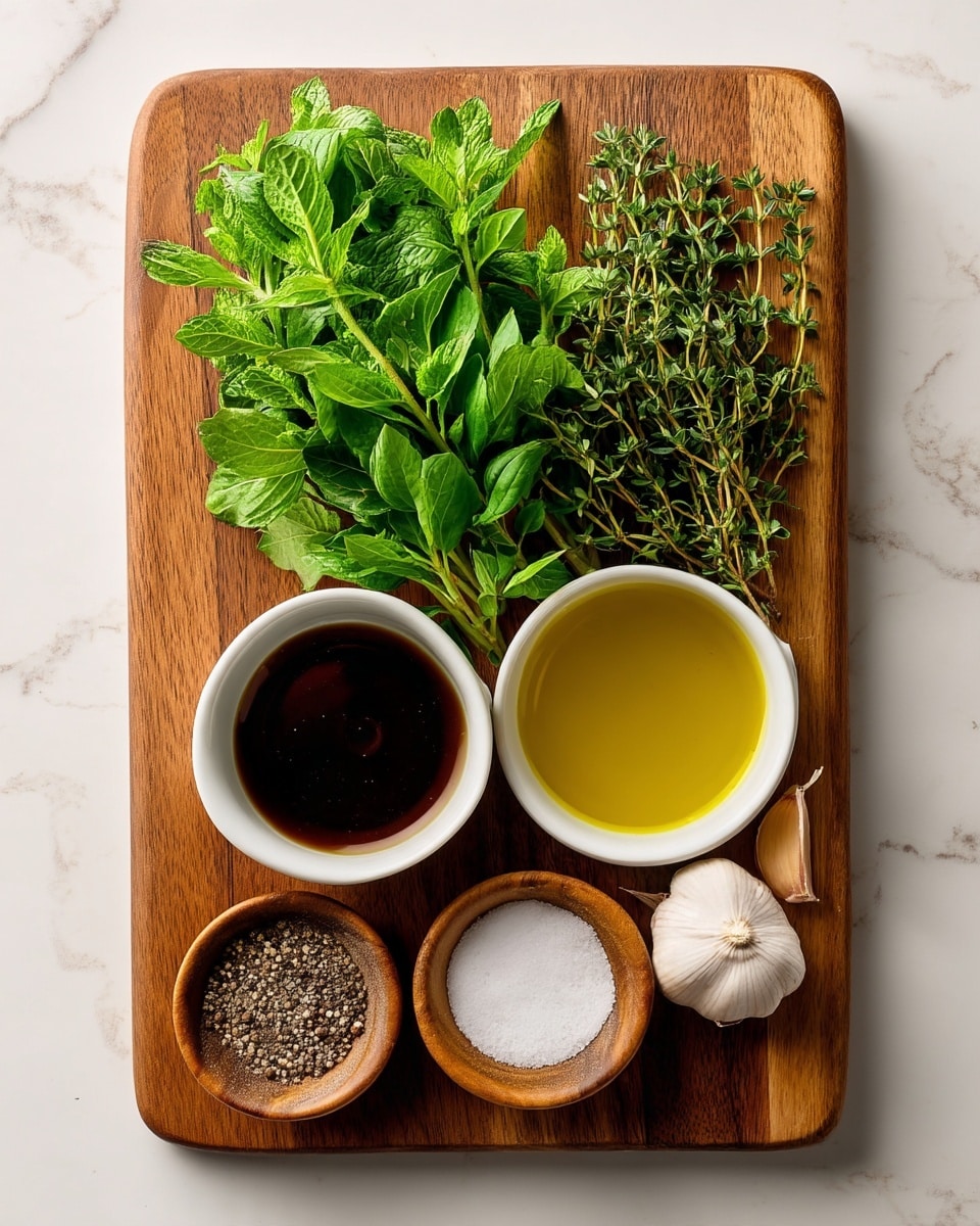 A wooden cutting board holds fresh ingredients neatly arranged on a white marbled surface. On the left side, there is a bunch of green leafy herbs, along with three garlic cloves and a whole garlic bulb. On the right side of the herbs and garlic, two small white bowls sit side by side— the left bowl contains a thick dark brown sauce, while the right bowl holds golden-yellow olive oil. Above these, three small wooden bowls are placed in a row; the left bowl is filled with coarse black pepper, the middle one contains white salt, and the right one is empty. The scene is clean and organized with natural colors. photo taken with an iphone --ar 4:5 --v 7