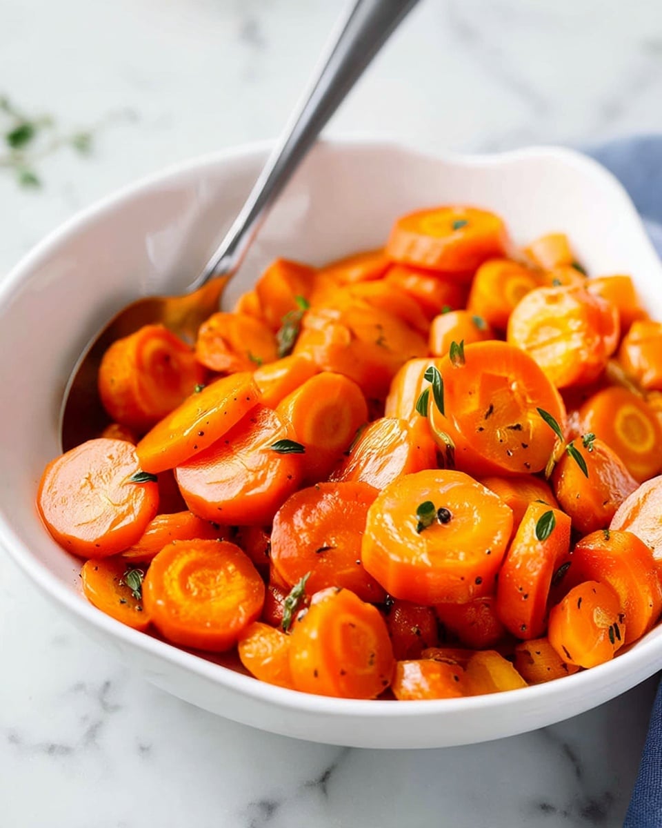A close-up view of a white bowl filled with bright orange sliced carrots, cooked and slightly shiny, mixed with small green herb leaves and some black seasoning sprinkled on top. A silver spoon is partially visible on the left side, resting inside the bowl. The bowl sits on a white marbled surface with a soft, blurred white kitchen background. photo taken with an iphone --ar 4:5 --v 7