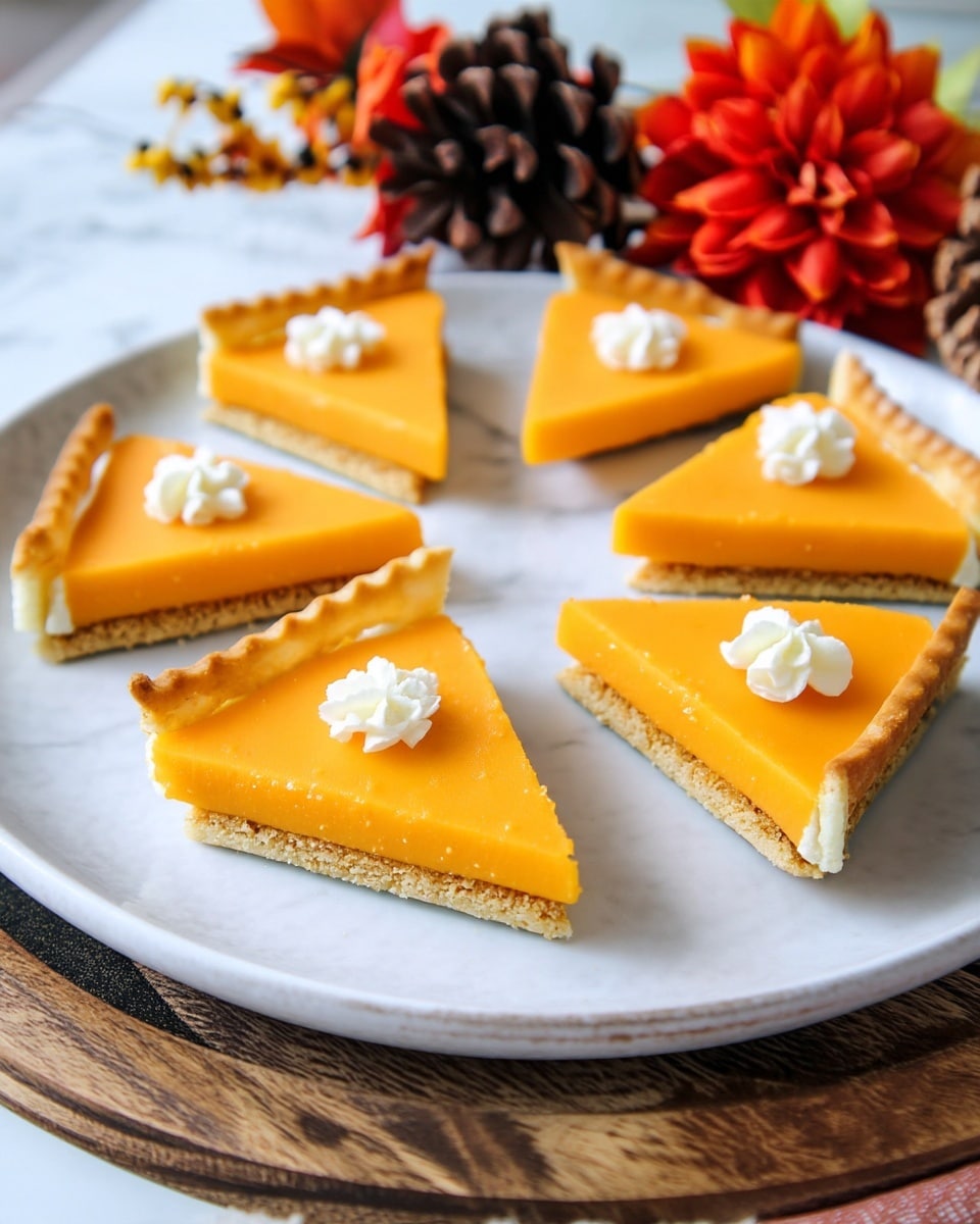 The image shows a white round plate with several triangular slices of pumpkin pie. Each slice has two layers: the bottom is a light brown pie crust with a ridged edge, and the top is a smooth, bright orange pumpkin filling. On top of each slice, near the wide edge, there is a small dollop of white whipped cream with a soft, fluffy texture. The plate is placed on a wooden surface with a white marbled background and is decorated with fall-themed items like pine cones and orange flowers in soft focus. photo taken with an iphone --ar 4:5 --v 7