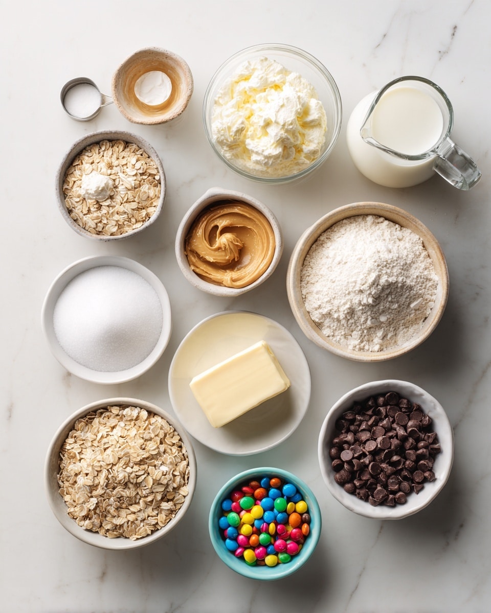 Top-down professional food photography, flat lay style, bright white marble countertop, neatly arranged, evenly spaced, tidy, clean organized layout, include: small bowl of softened cream cheese, small bowl of powdered sugar, small plate with softened butter, small bowl of peanut butter, small bowl of brown sugar, small bowl of rolled oats, glass measuring cup of milk, small bottle of vanilla essence, small bowl of chocolate chips, small bowl of colorful candy-coated chocolate pieces, bright soft natural lighting, sharp focus, high detail textures, realistic reflections, professional DSLR look, 4K, no finished dish, no cooked food, no hands, no text, no watermark, no brand logos --ar 4:5 --v 7