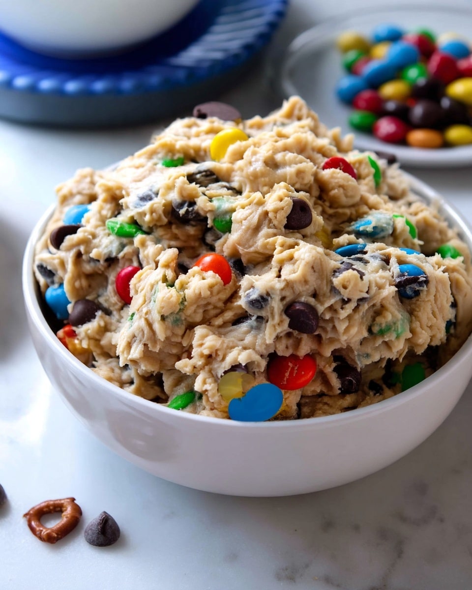 A large white bowl is filled with thick, creamy cookie dough mixed with colorful candy-coated chocolates and dark brown chocolate chips scattered throughout. The dough has a slightly rough texture, showing slight lumps and a beige color. In the background, blurred parts of the scene include a blue plate and a smaller white bowl with more colorful candies on a white marbled surface. The photo is close up, focusing on the texture and colors of the dough. photo taken with an iphone --ar 4:5 --v 7