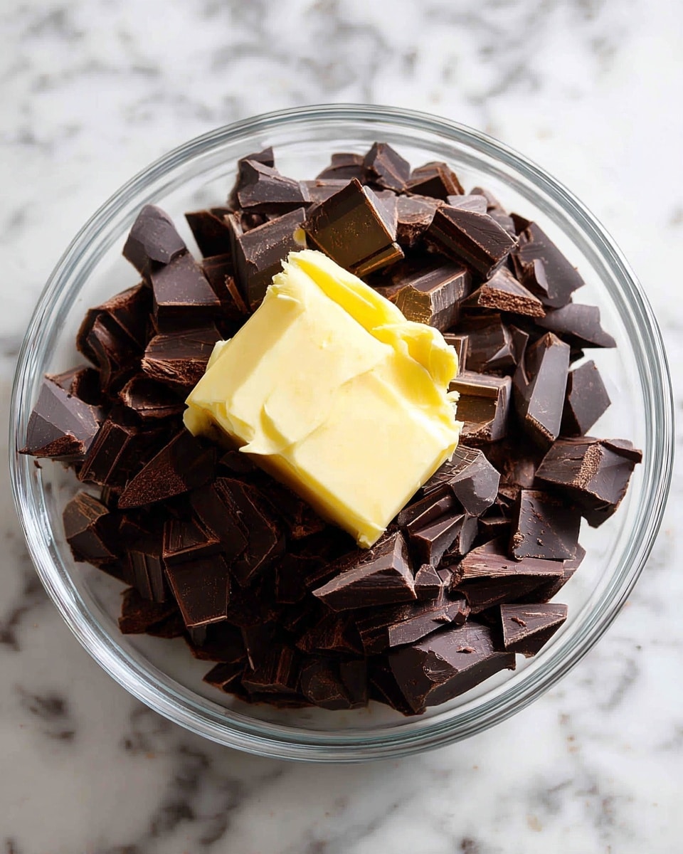 A clear glass bowl placed on a white marbled surface holds a pile of dark chocolate chunks with a light yellow piece of butter in the center. The chocolate pieces are uneven in shape and size, showing rough, textured edges and a rich dark brown color, contrasting with the smooth, pale butter underneath. The bowl’s round shape frames the ingredients closely, making the chunks look dense and ready to melt. photo taken with an iphone --ar 4:5 --v 7