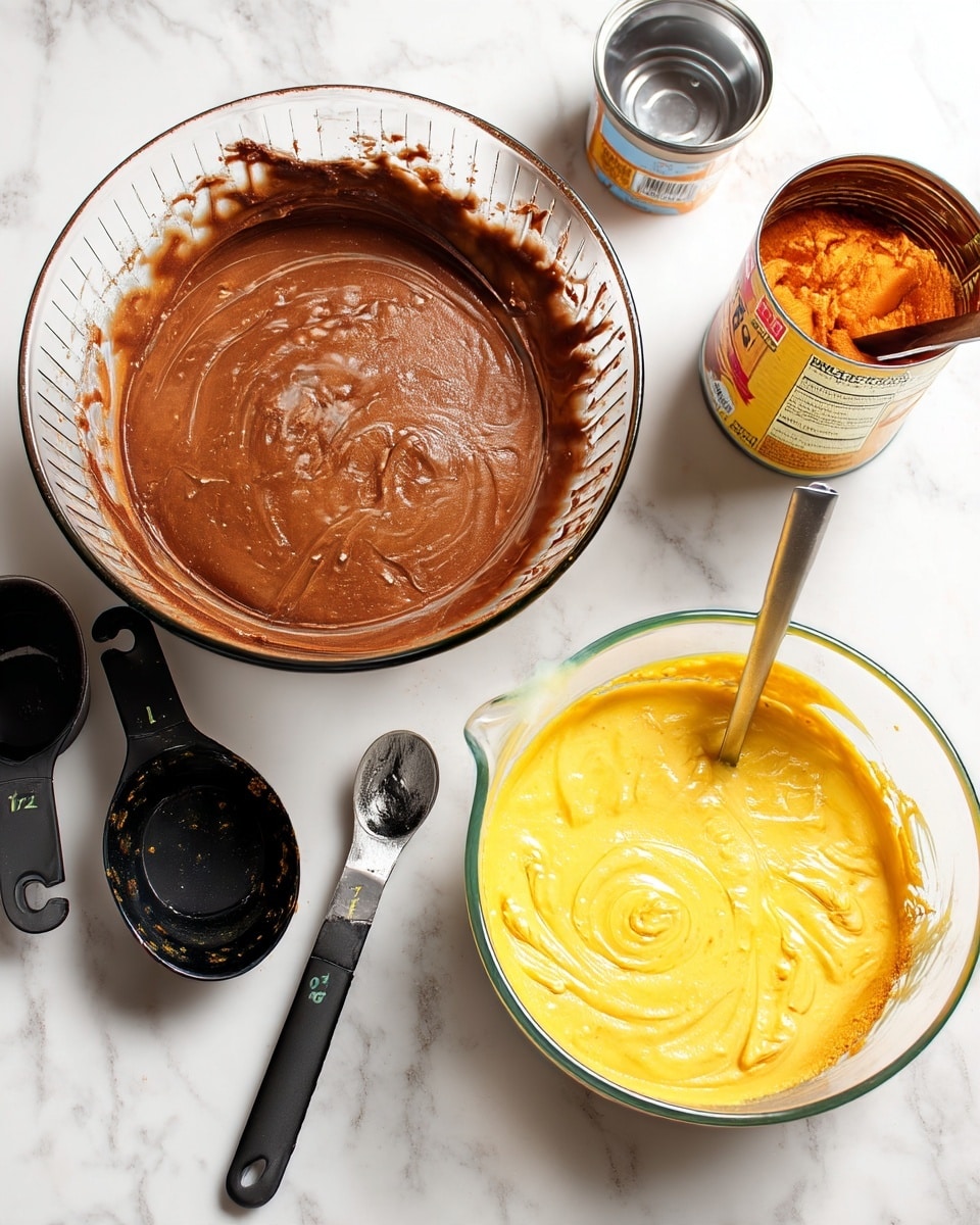 In the image, there are two glass bowls placed on a white marbled surface. The bowl on the top left contains a smooth, thick chocolate batter with a rich brown color, while the bowl on the bottom right holds a creamy, bright yellow batter. Around the bowls, there are several black measuring spoons and a black 1/2 cup measuring cup, some with bits of batter on them. A can with an orange product inside and a spoon sticking out is positioned at the top right, partly visible. The setup looks like a baking preparation scene with an overhead view, photo taken with an iphone --ar 4:5 --v 7