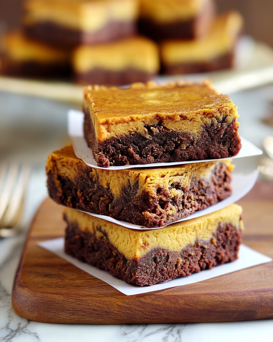 The image shows three layered dessert bars stacked on top of each other with thin pieces of white paper between each layer. Each bar has two layers: the bottom layer is dark brown, dense, and fudgy, while the top layer is a lighter golden brown with a smooth texture. The stack sits on a brown wooden surface with a white marbled background. In the blurred background, there is another plate with a similar dessert. The photo taken with an iphone --ar 4:5 --v 7