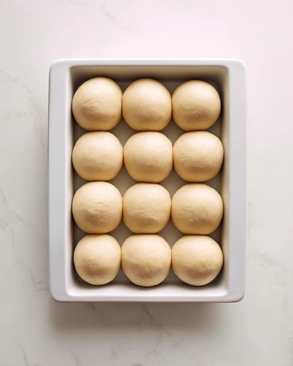 The image shows a white square baking tray filled with neat, round dough balls. There are three rows with five dough balls each, all evenly spaced. The dough balls are smooth with a light beige color and have a soft texture. The tray is placed on a white marbled surface with even lighting capturing the details clearly. photo taken with an iphone --ar 4:5 --v 7