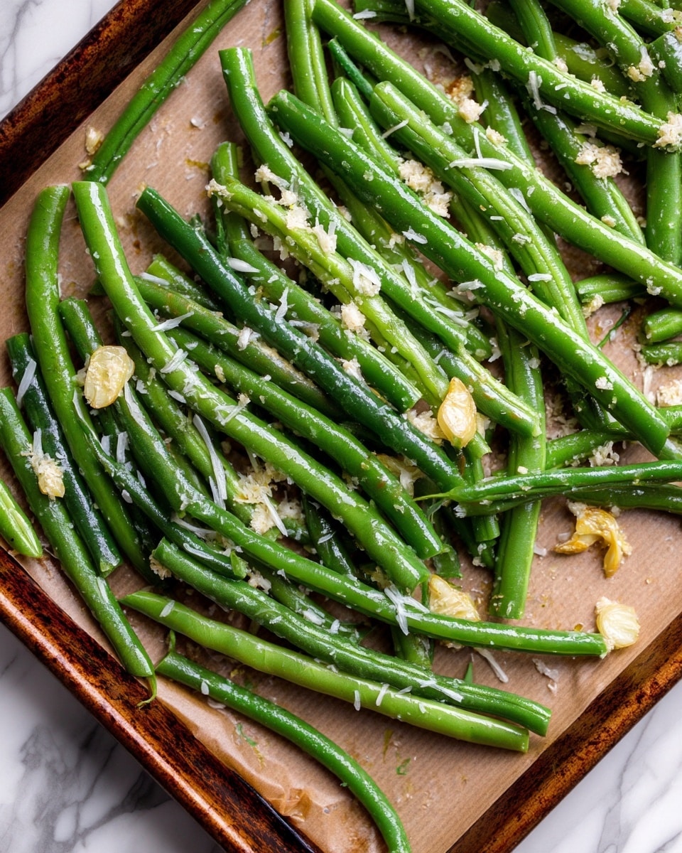 This image shows a close-up view of fresh green beans spread out evenly on a baking sheet lined with brown parchment paper. The green beans are bright green with a smooth, slightly shiny surface, and they are sprinkled with small bits of finely grated cheese and tiny chunks of minced garlic scattered across them. The cheese is white and slightly melting into the beans, while the garlic bits are pale yellow. The background is a soft white marbled texture that contrasts with the vibrant green of the beans. photo taken with an iphone --ar 4:5 --v 7