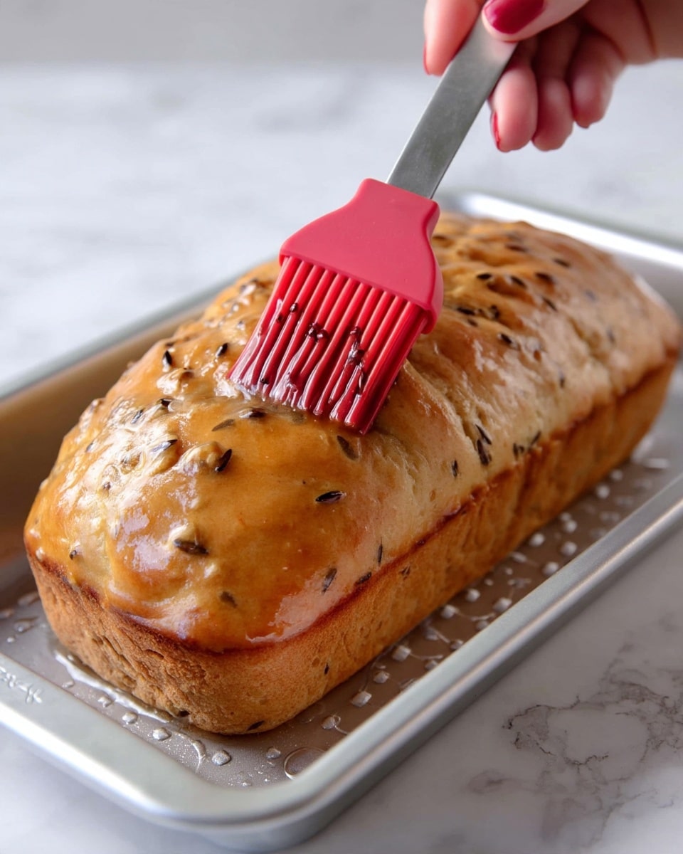 A close-up view shows a loaf of dough with a smooth, shiny, light brown surface covered in small dark seeds or grains. A woman's hand holds a silver brush with a red silicone head, gently spreading a shiny glaze over the top of the dough. The dough sits on a silver baking pan with small beads of water or oil on the surface. The background is a white marbled texture. photo taken with an iphone --ar 4:5 --v 7