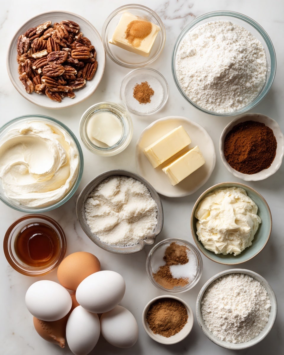 Top-down professional food photography, flat lay style, bright white marble countertop, neatly arranged, evenly spaced, tidy, clean organized layout. Include: small bowl of finely chopped pecans, small bowl of light brown sugar, small glass cup of melted butter, small bowl of unsalted butter, medium bowl of cream cheese, small bowl of granulated sugar, small bowl of all-purpose flour, small glass cup of sour cream, small bottle of vanilla flavoring, small plate with large eggs, small bowl of graham cracker crumbs, small bowl of sugar, small bowl of ground cinnamon, medium bowl of heavy whipping cream, small bowl of powdered sugar, small bowl of ground cinnamon, small bottle of caramel sauce. Bright soft natural lighting, sharp focus, high detail textures, realistic reflections, professional DSLR look, 4K, no finished dish, no cooked food, no hands, no text, no watermark, no brand logos --ar 4:5 --v 7