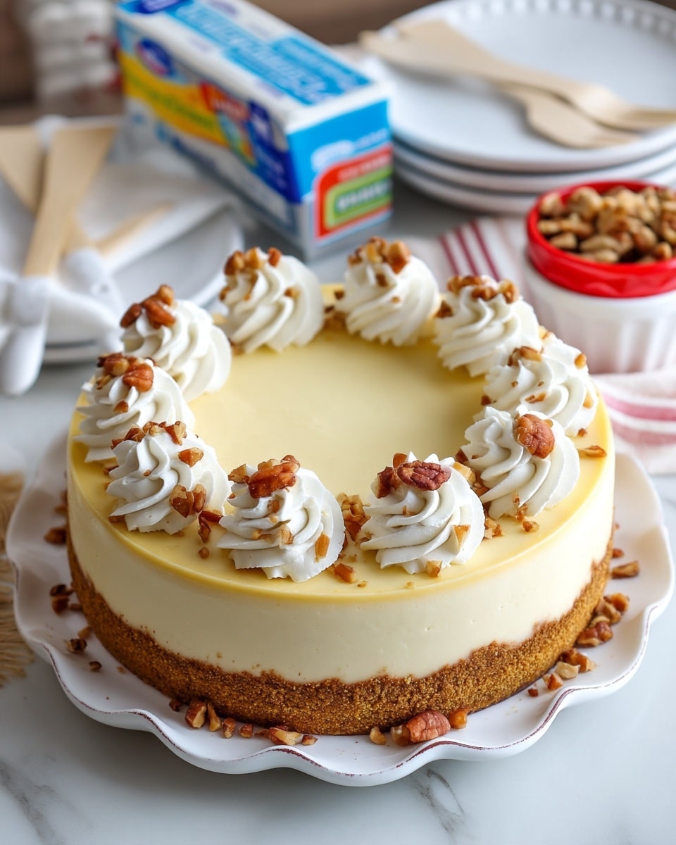 A round cheesecake with a smooth pale yellow top layer sits on a white scalloped plate. The sides of the cheesecake are covered in a crumbly golden-brown crust. Eight swirls of white whipped cream topped with small pieces of light brown nuts are evenly spaced around the edge on top. More chopped nuts are scattered on the cheesecake surface inside the whipped cream ring and sprinkled along the base on the plate. In the background, there are stacked white plates with wooden utensils on top, a block of cream cheese with colorful blue, red, and yellow packaging, and a small white bowl with a red rim filled with nuts, all on a white marbled surface. Photo taken with an iphone --ar 4:5 --v 7