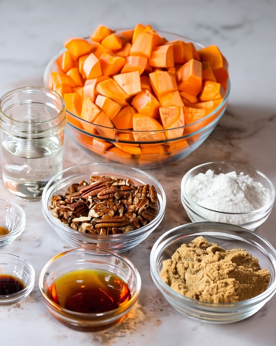 A clear glass bowl filled with orange cubed sweet potatoes sits near the center back, surrounded by several smaller clear glass bowls on a white marbled surface. In front of the large bowl, a medium clear bowl holds roughly chopped brown pecans. Around it are five smaller bowls: one with a light brown crumbly mixture, one with white flour powder, a small bowl with a dark liquid, another with a golden amber liquid, and the smallest bowl containing a sprinkle of brown spice. A clear glass jar filled with water is placed behind the pecans and smaller bowls. photo taken with an iphone --ar 4:5 --v 7