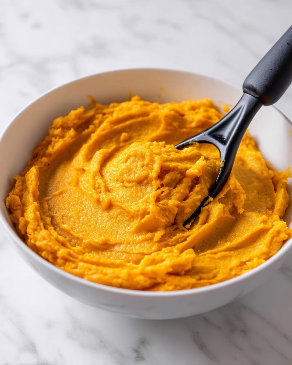 A white bowl filled with a smooth, bright orange mashed mixture, with a black potato masher pressing into the mash. The mash has a creamy texture with slight peaks and soft edges where it has been pressed. The background is a white marbled surface. Photo taken with an iphone --ar 4:5 --v 7