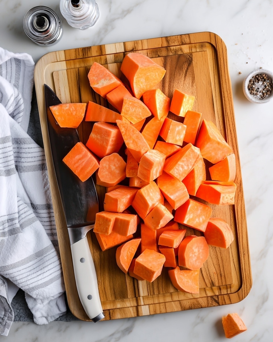 A wooden cutting board filled with multiple pieces of chopped orange sweet potatoes in various shapes like chunks and slices, placed on a white marbled surface. A large knife with a white handle rests on the left side of the cutting board. To the upper left, there are two clear salt and pepper shakers, and a white and gray striped cloth is partially visible on the left side of the scene. The overall setting is bright and clean with natural light. photo taken with an iphone --ar 4:5 --v 7