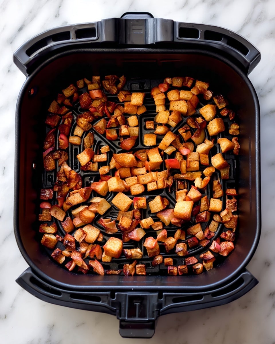 Inside a black air fryer basket with a raised patterned bottom, there are many small cubed pieces of cooked food spread in a single layer. The cubes are a mix of light brown to deeper brown colors, showing some crisp edges with a slightly shiny texture. Some pieces have a hint of reddish tint, giving a warm and roasted look. The air fryer basket sits on a white marbled surface. Photo taken with an iphone --ar 4:5 --v 7