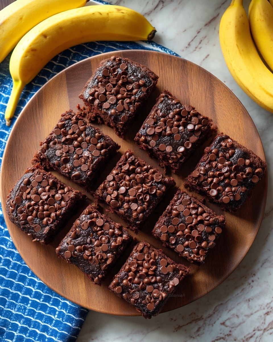 The image shows nine square pieces of dark chocolate brownies arranged in a 3x3 grid on a round wooden board. Each brownie has a rough textured surface covered with many small chocolate chips on top. The brownies are thick and rich-looking, with deep dark brown color. The board is placed on a table with a white marbled texture, and two yellow bananas sit near the top-left corner of the board on a blue cloth with a white pattern. photo taken with an iphone --ar 4:5 --v 7