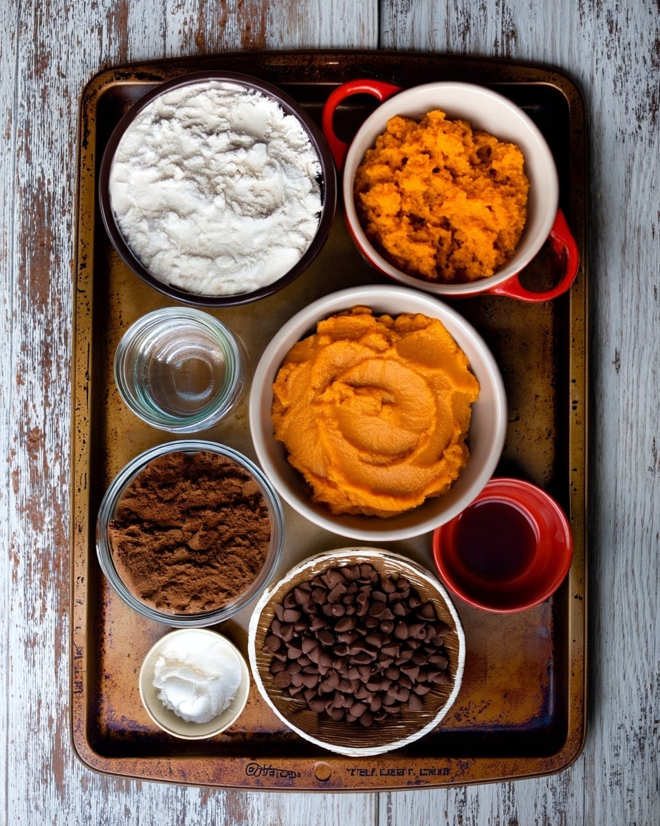 The image shows a rusted baking tray with seven small bowls containing ingredients, all placed on a wooden surface with a white marbled texture. The top left bowl is dark and filled with white flour, and next to it on the right is a white bowl with red handles filled with white granulated sugar. Below the flour is a small clear glass bowl with water, and next to the sugar toward the middle is a white bowl filled with smooth, bright orange pumpkin puree. Below the water is a clear bowl filled with rich brown cocoa powder, and next to the pumpkin puree is a small red bowl holding a dark liquid, likely vanilla or syrup. At the bottom center is a small white bowl filled with white powder, likely baking soda or baking powder, and next to it on the right is a small brown bowl filled with many dark brown chocolate chips. The setup is neat and all bowls are seen from above in a well-lit environment, photo taken with an iphone --ar 4:5 --v 7
