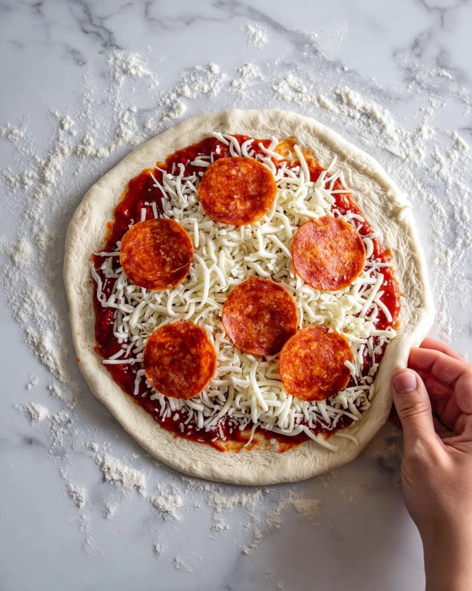 A round pizza dough is placed flat on a white marbled surface with some flour sprinkled around it. On the dough, there are several layers starting with a reddish layer of tomato sauce spread mostly on one side, then some white shredded mozzarella cheese is loosely scattered on the sauce, and on top of the cheese, there are five round slices of pepperoni arranged in a line from top to bottom. A woman's hand is seen holding the dough on the right side, gently lifting it. Photo taken with an iphone --ar 4:5 --v 7