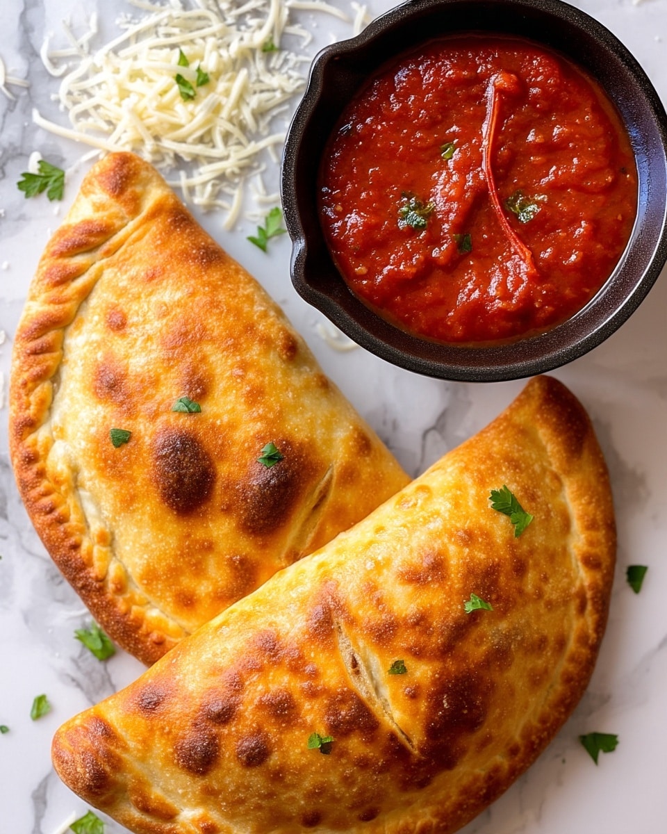 Two golden-brown calzones with slightly crispy edges and a soft, puffed texture are placed side by side on a white marbled surface. Each calzone is folded in half with faint slits showing a glimpse of the filling inside. They are sprinkled with small green herb pieces, adding a fresh touch. To the left, there is a black bowl filled with thick, textured red marinara sauce, with a few stray herb leaves and shredded white cheese scattered around the edges on the white marbled surface. photo taken with an iphone --ar 4:5 --v 7