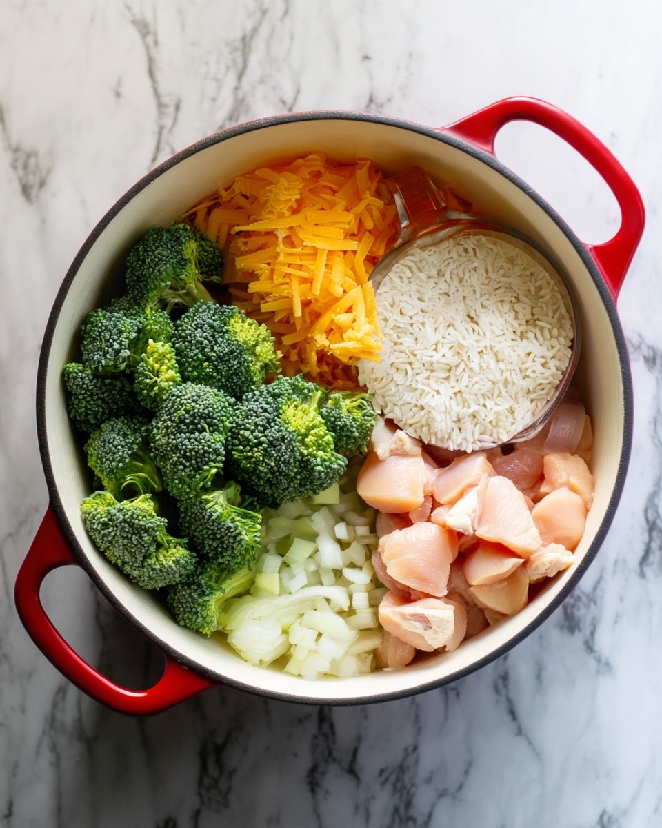 The image shows a white pot with bright red handles placed on a white marbled surface. Inside the pot, there are six distinct layers arranged neatly: fresh green broccoli florets on the left, shredded orange cheddar cheese in the top center, a clear measuring cup filled with white uncooked rice on the top right, a metal can of chicken broth tilted slightly at the center, diced white onions on the bottom left, and raw pale pink chicken pieces on the bottom right. The ingredients are fresh and vibrant, positioned in a way that each layer is clearly visible and separate from each other. Photo taken with an iphone --ar 4:5 --v 7
