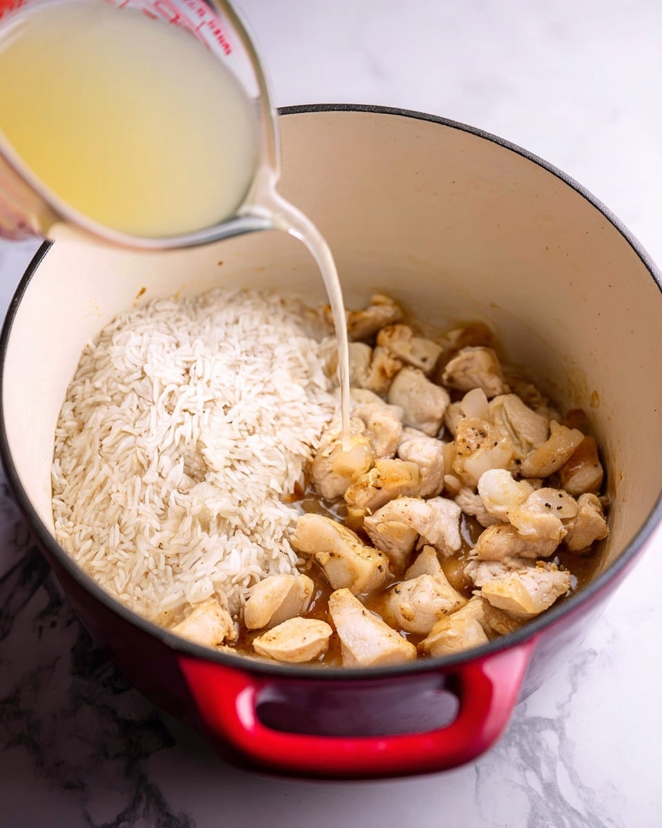 A close-up view inside a large white pot with a red outer side on a white marbled surface, showing cooked diced chicken pieces with some light brown seasoning on the right side and a layer of uncooked white rice on the left side. A clear measuring cup is pouring a light yellow liquid over the rice, instructing the cooking process. The pot’s interior is smooth and round with a pale beige color. The scene captures the action of adding broth to the mixture. Photo taken with an iphone --ar 4:5 --v 7