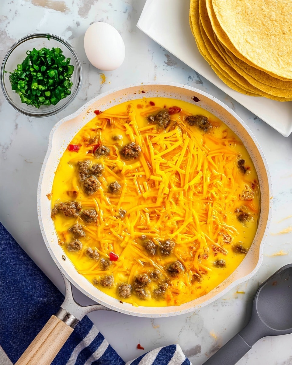 The image shows a white pan filled with a yellow egg mixture that has small pieces of browned sausage and visible red bits, likely red pepper. On top, there is a layer of shredded cheddar cheese spread evenly, melted slightly into the egg mix. The pan sits on a white marbled surface with a small glass bowl of chopped green herbs and a white egg nearby on the top left. To the right, there is a stack of yellow tortillas. A blue and white striped cloth is partly visible under the pan handle. The overall scene is bright and clean. Photo taken with an iphone --ar 4:5 --v 7