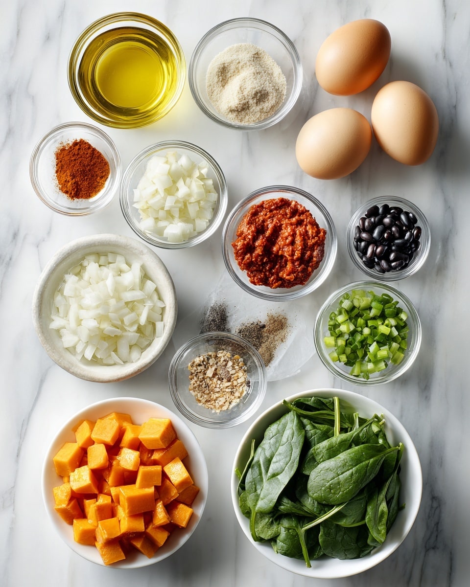 Top-down professional food photography flat lay style, bright white marble countertop, neatly arranged, evenly spaced, tidy, clean organized layout, include: small glass cup of extra virgin olive oil, small bowl of diced onion, small bowl of chopped bell pepper, small bowl of minced garlic, small bowl of small cubed sweet potato, small bowl of harissa paste, small bowl of smoked paprika powder, small bowl of ground cumin powder, small bowl of salt, small bowl of black pepper, small bowl of packed baby spinach, small bowl of drained and rinsed black beans, small plate with two raw eggs, small bowl of chopped green onion, bright soft natural lighting, sharp focus, high detail textures, realistic reflections, professional DSLR look, 4K, no finished dish, no cooked food, no hands, no text, no watermark, no brand logos --ar 4:5 --v 7