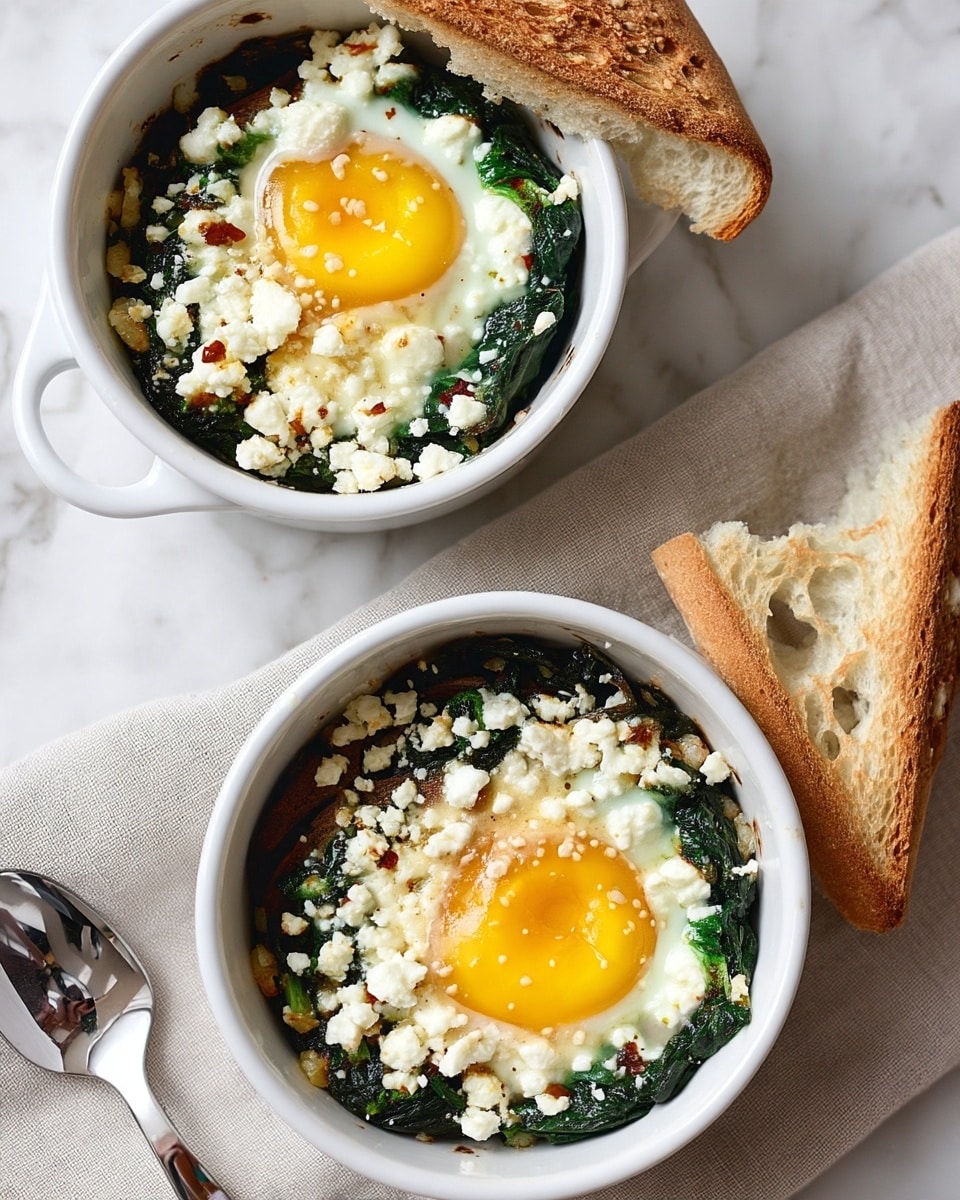 Two white bowls each hold a layered dish starting with a base of dark green cooked spinach at the bottom, topped with a layer of soft white cheese crumbles, then covered by a bright yellow-yolked cooked egg with glossy white around it. One bowl has a piece of toasted brown bread resting on its edge, slightly leaning inside, showing a rough texture with holes. The other bowl is plain with no bread. The bowls sit on a soft beige cloth over a white marbled surface. A silver fork and part of a torn piece of toasted bread are nearby. Photo taken with an iphone --ar 4:5 --v 7