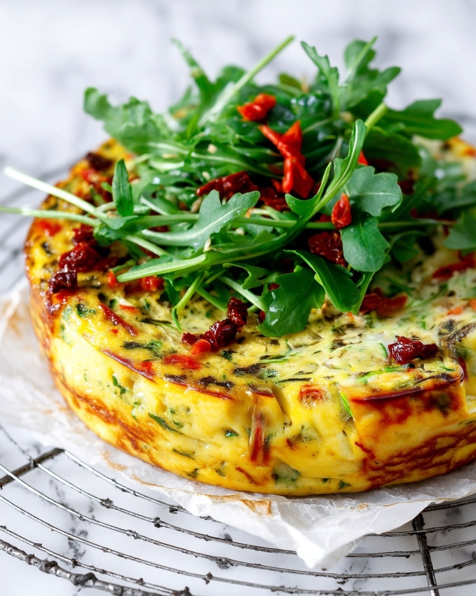 A round, thick omelette with a yellow base filled with green herbs and small pieces of red pepper, showing a soft and slightly browned texture on its edges; on top, a layer of fresh, dark green arugula leaves with scattered small pieces of bright red sun-dried tomatoes, placed on a white wire rack lined with white parchment paper, all set on a white marbled surface. Photo taken with an iphone --ar 4:5 --v 7