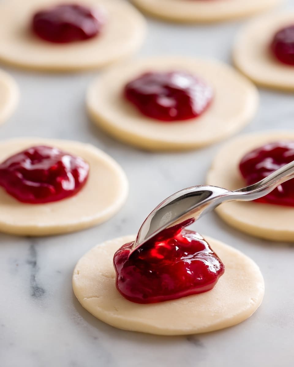 The image shows a close-up of several white circular dough pieces laid out on a white marbled surface. Each dough circle is smooth and light beige in color. On one dough circle in the foreground, there is a shiny, deep red jelly-like filling being scooped with a silver ice cream scoop onto the center. Other dough circles in the background have smaller dollops of the same red jelly in their centers. The focus is on the dough circle being filled, with the texture of the jelly appearing glossy and thick. photo taken with an iphone --ar 4:5 --v 7