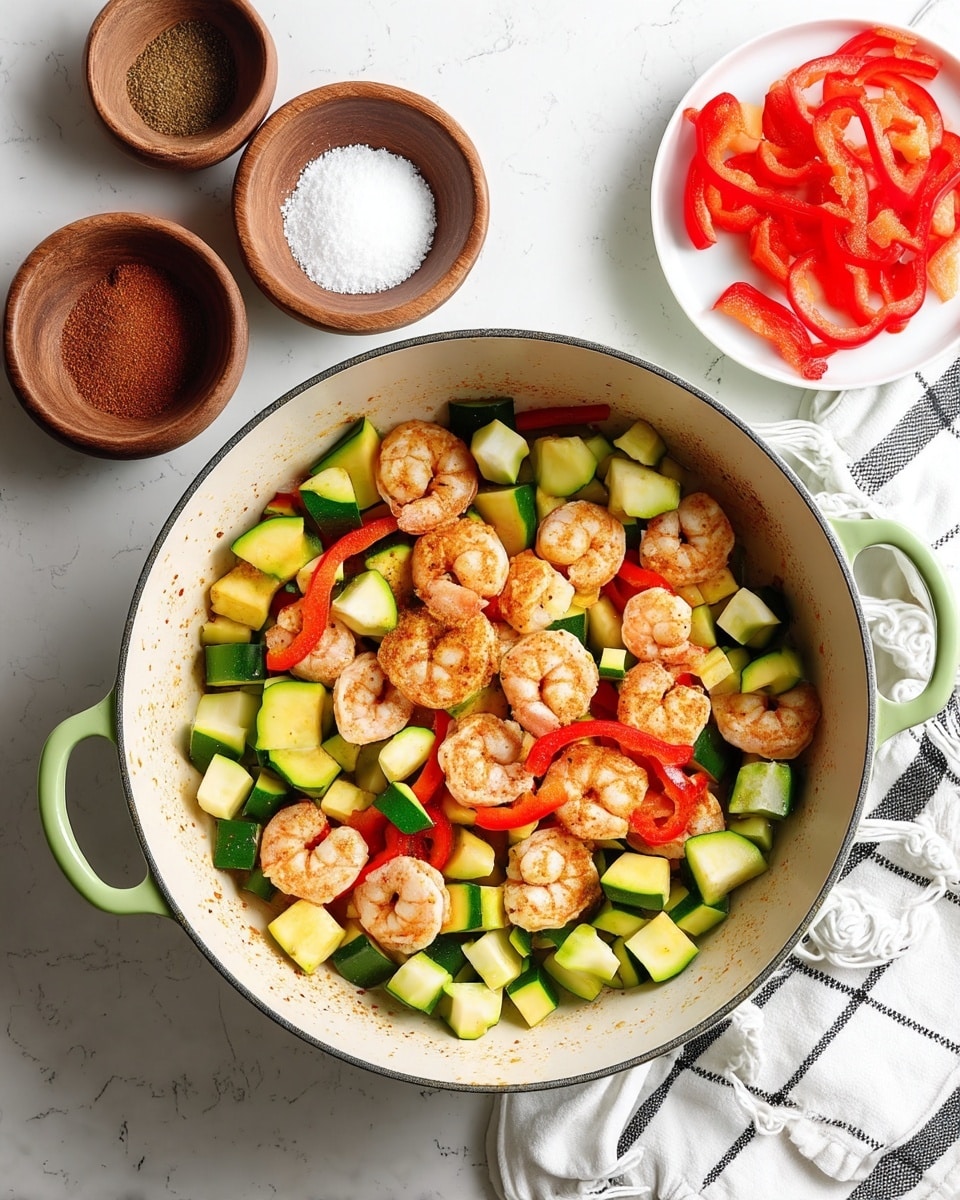 A large white pot with light green handles holds a colorful mix of cooked shrimp, diced green zucchini, and sliced red bell peppers. The shrimp are light orange with some seasoning visible, placed evenly on top of and mixed with the bright green and red vegetables. Around the pot, on a white marbled surface, three small wooden bowls contain powdered spices: one with white salt, one with brown seasoning, and one with a reddish spice. To the right, a white plate with more chopped zucchini and red bell pepper sits on a white cloth with a black grid pattern. The photo is bright and clean, showing clear details of each ingredient. photo taken with an iphone --ar 4:5 --v 7