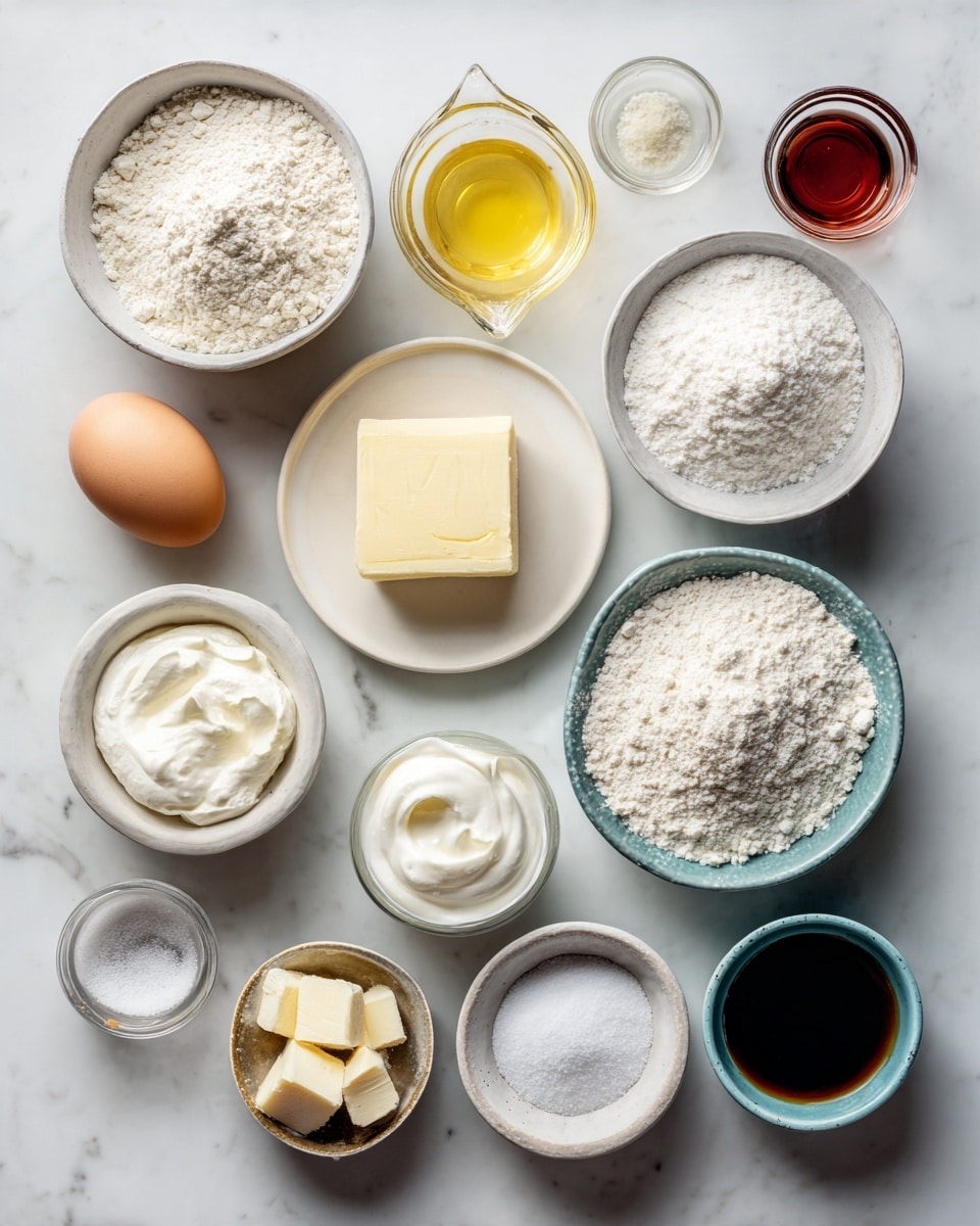 Top-down professional food photography, flat lay style, bright white marble countertop, neatly arranged, evenly spaced, tidy, clean organized layout, include: bowl of all-purpose flour, bowl of granulated sugar, small bowl of baking powder, small bowl of fine salt, small plate with unsalted butter, small glass cup with vegetable oil, small plate with large egg, glass measuring cup with buttermilk, small bottle of vanilla essence, small bowl of unsalted butter for frosting, small bowl of powdered sugar, small glass cup of heavy cream, small bowl of fine salt for frosting, optional small bowls with gel food coloring, bright soft natural lighting, sharp focus, high detail textures, realistic reflections, professional DSLR look, 4K, no finished dish, no cooked food, no hands, no text, no watermark, no brand logos --ar 4:5 --v 7