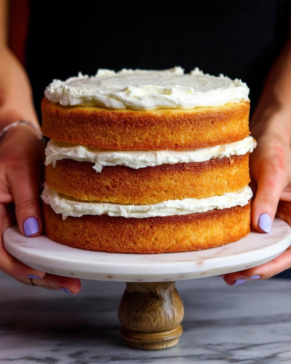 A three-layer vanilla cake with light golden brown tops and a soft crumb texture, each layer separated by thick white creamy frosting. The cake is held gently by a pair of woman's hands with light purple nail polish, placing the top layer. The cake sits on a round white base, which is placed on a cake stand with a wooden texture pedestal. The surface beneath the cake stand is a white marbled texture. The background is dark, making the cake and hands the main focus. photo taken with an iphone --ar 4:5 --v 7