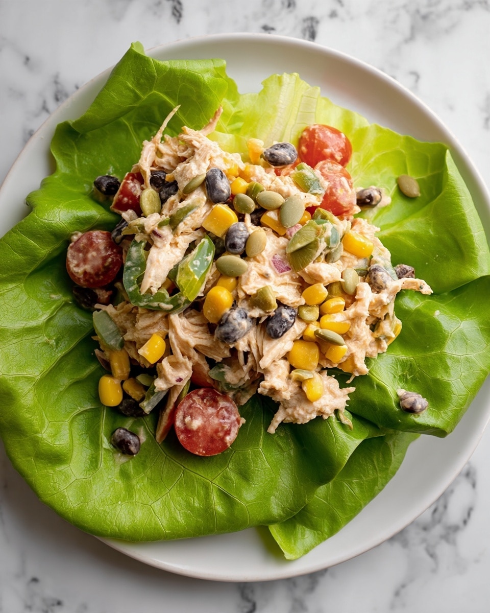 A white plate holds several large, fresh green lettuce leaves forming the base layer, cradling a colorful salad on top. The salad consists of shredded white chicken mixed with bright yellow corn, small red cherry tomato halves, and black beans scattered throughout. Thin slices of green bell pepper and small green pumpkin seeds add texture and color contrast. The ingredients are coated lightly with a creamy dressing that ties the salad together. The plate sits on a white marbled surface. Photo taken with an iphone --ar 4:5 --v 7