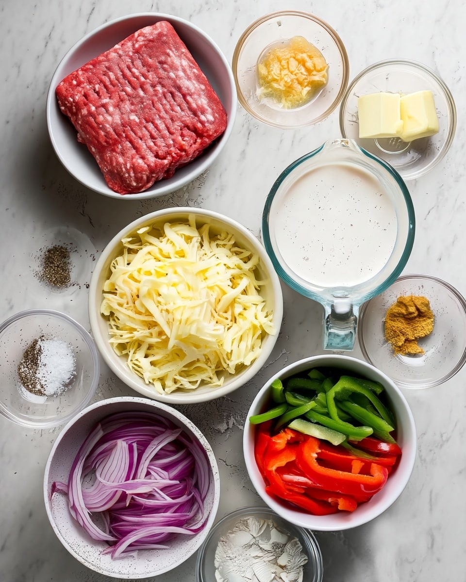 A top view of several ingredients placed on a white marbled surface, including a white bowl with a square of raw ground beef showing a red and pink color with a slightly textured surface on the top left, a small clear bowl with minced garlic next to it, a small clear bowl with two pieces of pale yellow butter, a glass measuring cup filled with white cream in the middle, a small clear bowl with light brown spice, a white bowl filled with shredded yellow cheese below the beef, a small clear bowl with white flour, a round white bowl with sliced red and green bell peppers on the right, and a white bowl with thinly sliced purple onions on the bottom left. A small clear bowl with salt and black pepper is also present near the bottom left corner. Photo taken with an iphone --ar 4:5 --v 7