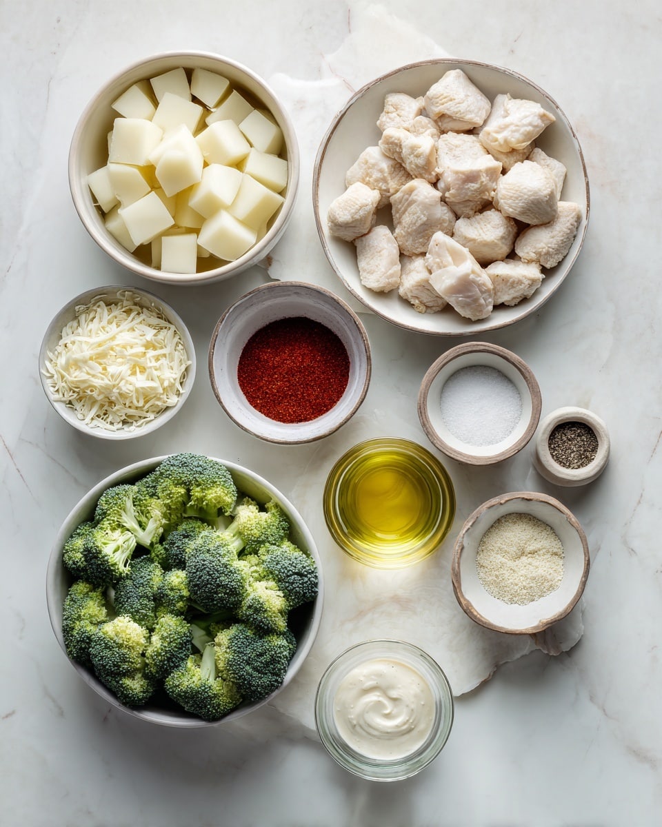 Top-down professional food photography flat lay style, bright white marble countertop, neatly arranged, evenly spaced, tidy, clean organized layout, include: bowl of diced russet potatoes, small bowl of grated Parmesan cheese, small bowl of garlic powder, small bowl of paprika, small glass cup of cooking oil, small bowl of salt, small bowl of pepper, bowl of fresh broccoli florets, plate with prepared chicken pieces, small glass cup of ranch dressing, bright soft natural lighting, sharp focus, high detail textures, realistic reflections, professional DSLR look, 4K, no finished dish, no cooked food, no hands, no text, no watermark, no brand logos --ar 4:5 --v 7
