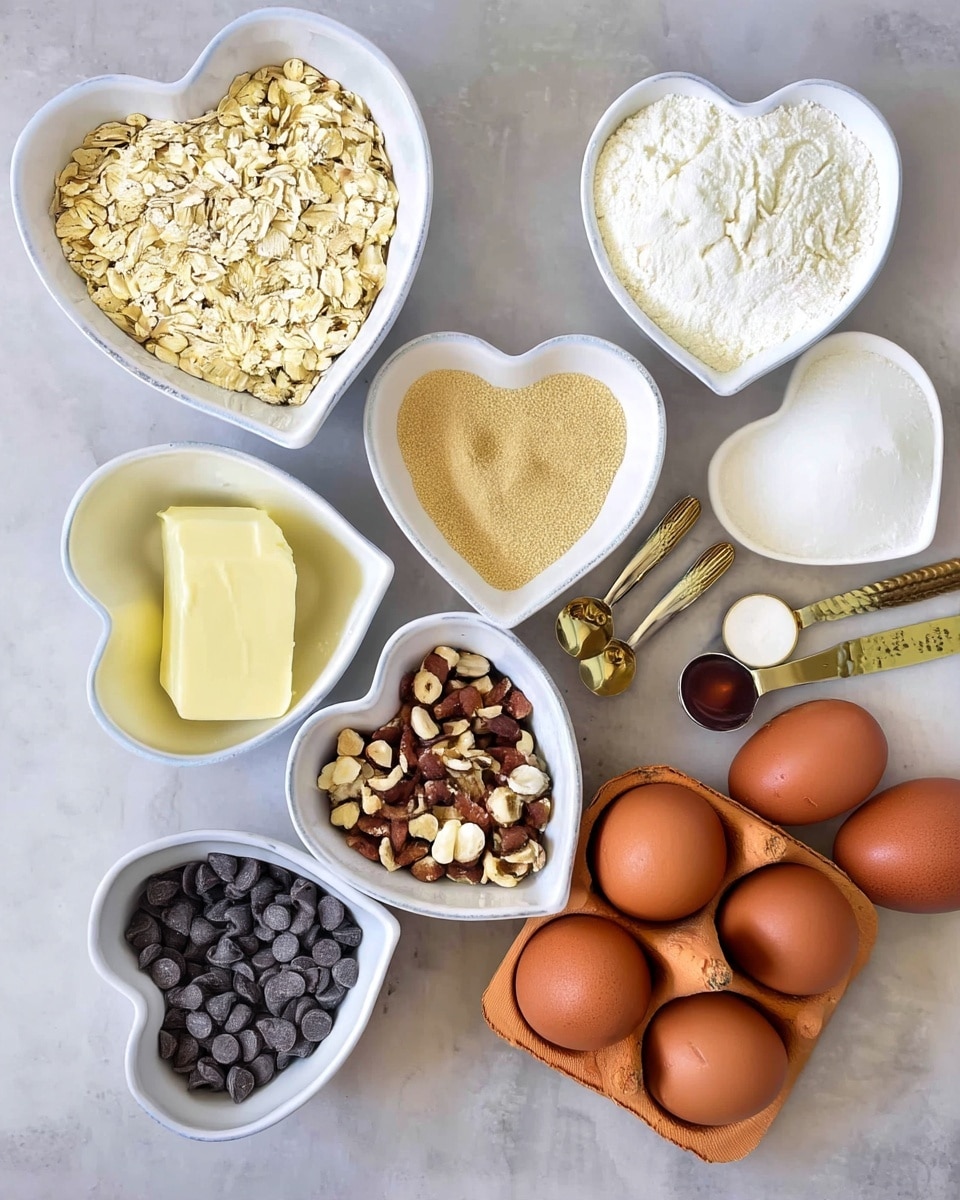 The image shows seven white heart-shaped bowls arranged on a white marbled surface, each holding different baking ingredients. From left to right, the top-left bowl is filled with light beige rolled oats, next to it an off-white powdery flour fills a bowl, and below that another bowl holds fine golden brown sugar. The smallest bowl near the flour contains white granulated sugar. Moving down, one bowl holds a rectangular pale yellow block of butter, another is filled with chopped brown nuts, and the last on the left side contains small dark brown chocolate chips. At the bottom right are two brown eggs and an orange egg carton labeled with a chicken illustration. Two small gold measuring spoons with white and brown contents are placed near the eggs. Photo taken with an iphone --ar 4:5 --v 7