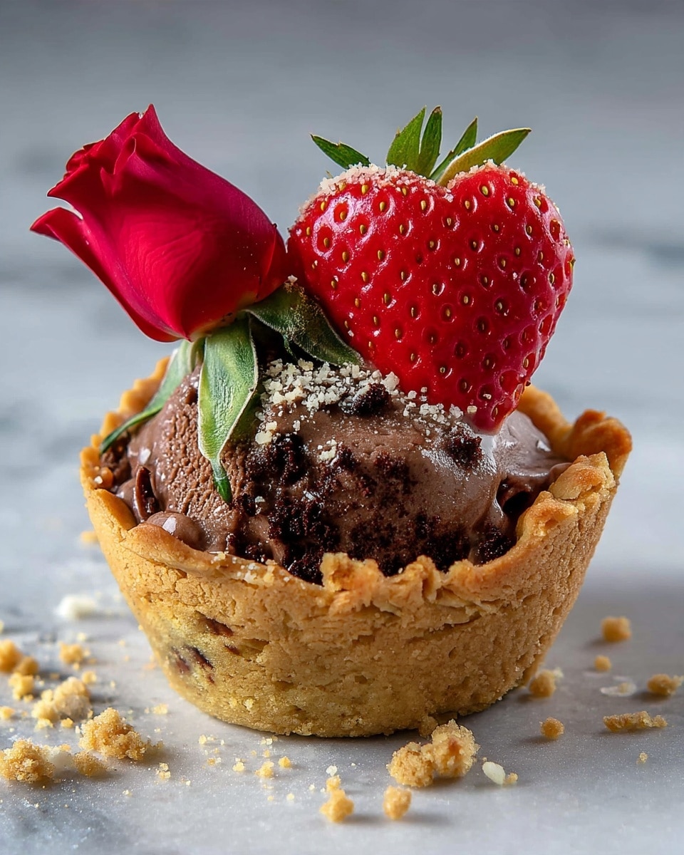 A small dessert cup with a crumbly, golden brown cookie crust forms the base layer, holding a scoop of smooth, dark brown chocolate ice cream as the middle layer. On top of the ice cream, there is a bright red strawberry cut into a heart shape, sitting next to a small red rose bud with green leaves. Light brown crumbs are sprinkled over the strawberry and rose as a finishing touch. The dessert is set on a white marbled surface. photo taken with an iphone --ar 4:5 --v 7