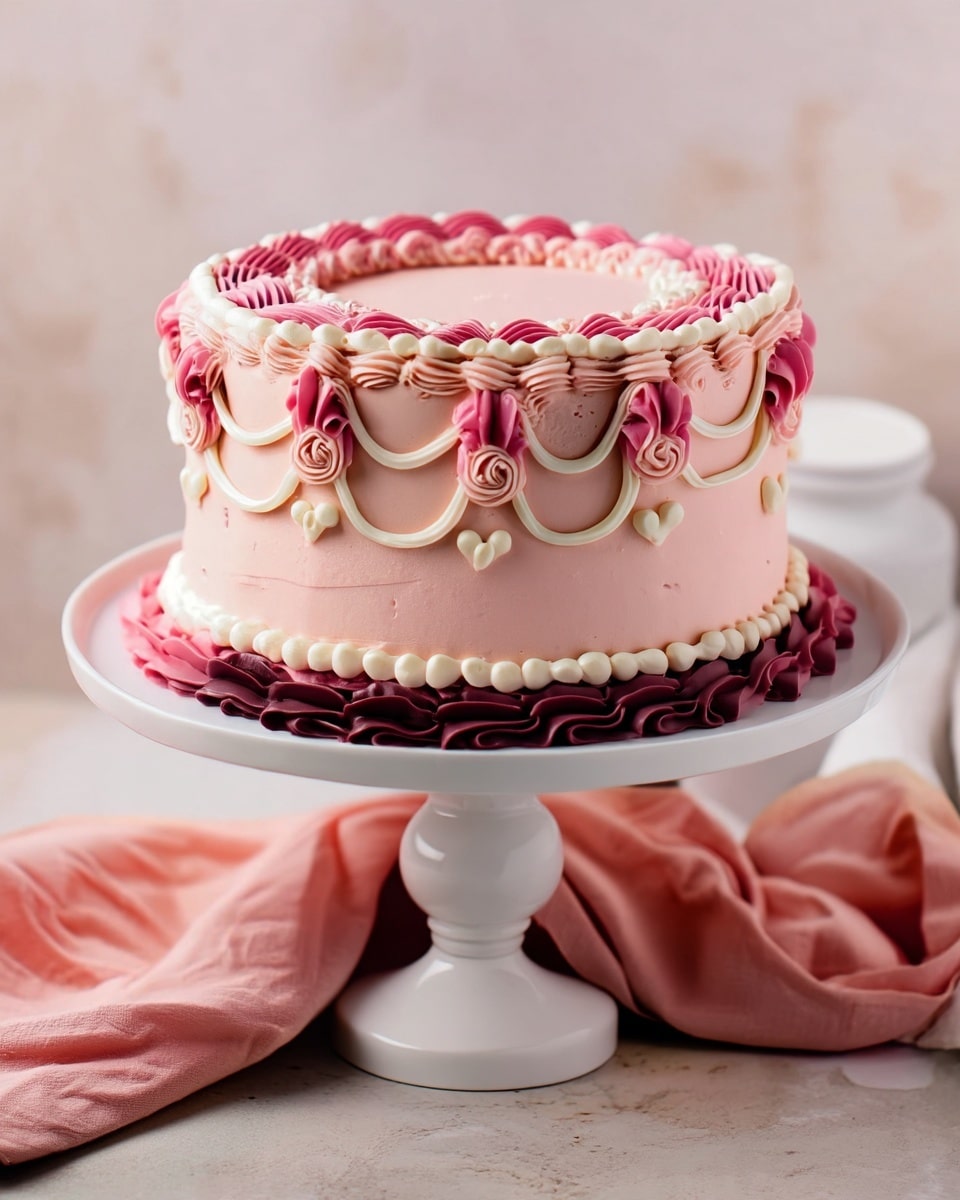 This is a pink cake with smooth light pink frosting covering the whole cake in two layers. Around the bottom edge, there is a thick dark pink piped border with a texture of soft waves. Above that, a row of small white frosting dots circles the cake. On the sides, there are white curved lines creating a pattern of scalloped loops between which dark pink piped rosettes hang evenly spaced. At the very top edge, two rows of piped frosting in dark pink and white create a border with a ridged texture, framing the top flat surface which is smooth and plain light pink. The cake is on a white cake stand, sitting on a white marbled surface, with a pink cloth loosely draped beside it. photo taken with an iphone --ar 4:5 --v 7