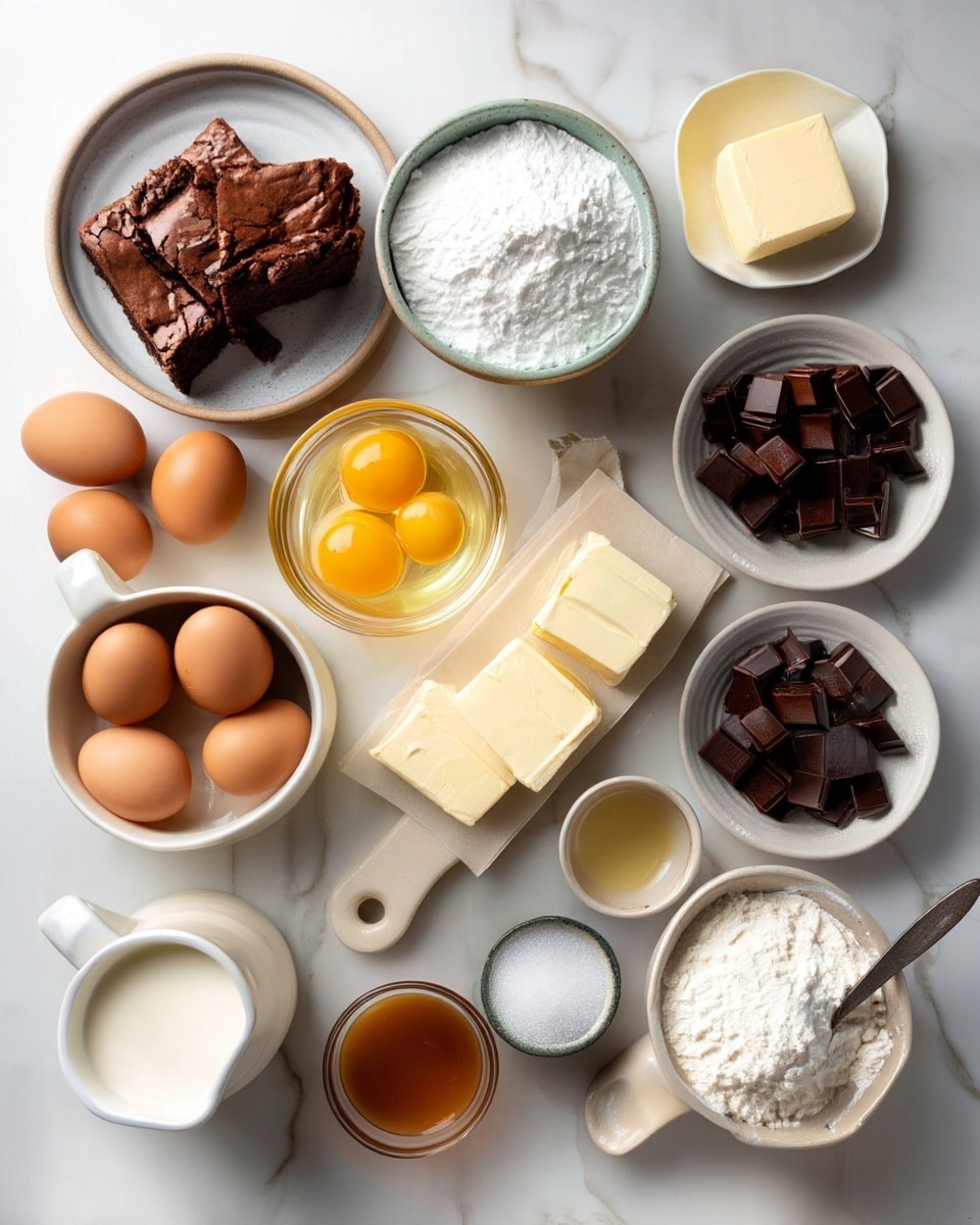 A flat lay of baking ingredients arranged on a white marbled surface includes three pieces of dark brown brownies on a white round plate in the top left corner. To the right is a white bowl filled with white powdered sugar. Below that are three blocks of pale yellow butter on parchment paper and a stick of butter on a small white cutting board. Three brown eggs and a glass bowl with three separated eggs yolks are in the middle left. A white ceramic jug of milk sits near the bottom left next to a small glass bowl of golden syrup and a white bowl with brown caramel sauce. Toward the bottom right, there is a small white bowl filled with white granulated sugar and a light beige ceramic cup holding white flour with a silver spoon inside. A white bowl holding dark chocolate squares is near the top right. A small white dish of light yellow vinegar is next to the flour. photo taken with an iphone --ar 4:5 --v 7