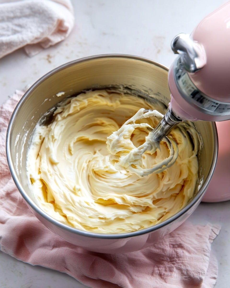 A close-up view of a shiny metal mixing bowl filled with creamy, smooth pale yellow batter that has a soft whipped texture, visibly thick and swirled inside. On the right side, a pink electric mixer with silver beaters is partially inserted into the batter, coated with the same mix. The bowl is placed on a soft, light pink cloth resting on a white marbled surface. The scene is well-lit and clean, showing the creamy mixture in detail. photo taken with an iphone --ar 4:5 --v 7