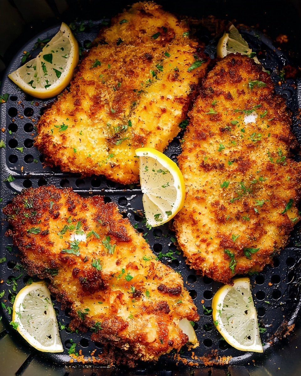 Three pieces of crispy golden brown breaded chicken are shown in a black air fryer basket with small holes. Each piece has a rough, crunchy coating speckled with toasted crumbs and is topped with small green herb bits. Three lemon wedges with pale yellow rind and light translucent flesh are placed around the chicken, two tucked under the pieces and one resting on top. The overall texture of the chicken is crunchy and well-cooked. The background is not visible beyond the air fryer basket. Photo taken with an iphone --ar 4:5 --v 7