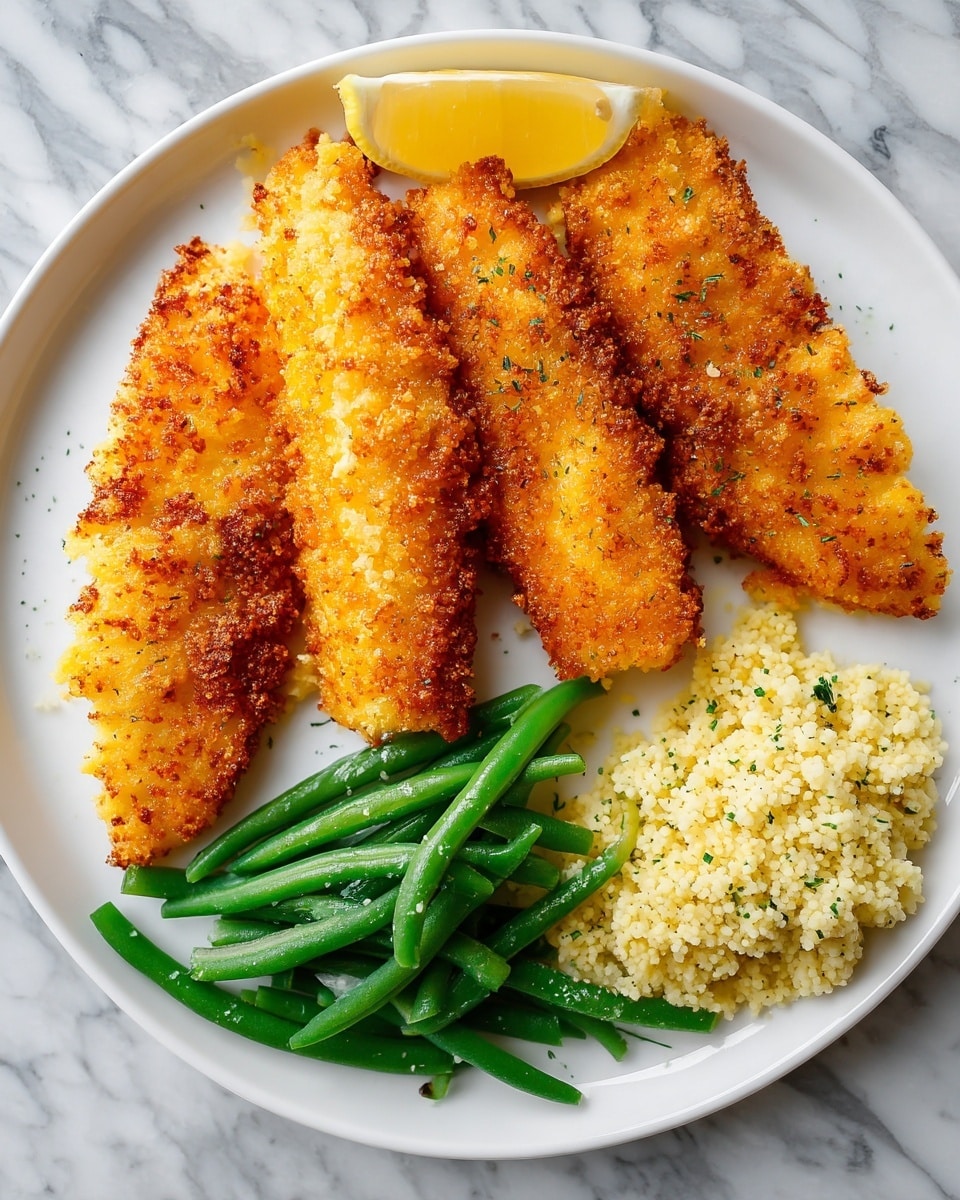 The dish shows three pieces of golden brown, crispy fried fish fillets placed on a white plate. The fish has a crunchy texture with visible seasoning and small dark spots on the crust. Below the fish, on the lower left side of the plate, there is a small bunch of cooked green beans, bright green and glistening slightly as if lightly buttered. On the lower right side, there is a mound of light yellow couscous with small green herbs mixed in, giving it a fluffy texture. The plate rests on a white marbled surface. Photo taken with an iphone --ar 4:5 --v 7