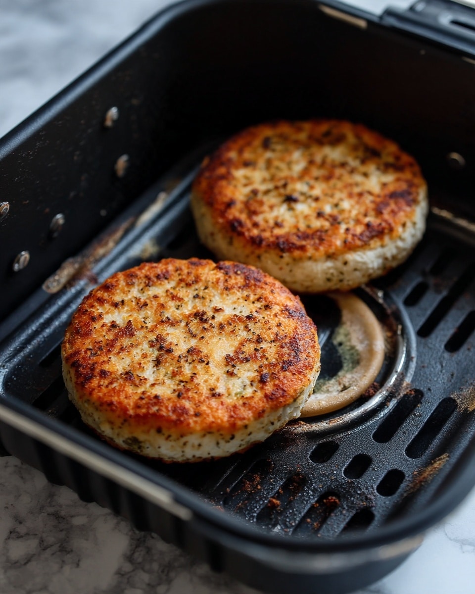 The image shows two round, cooked patties inside a black air fryer basket. Both patties have a light golden brown color with some darker specks of seasoning on the surface, giving them a slightly rough texture. The patties lie flat next to each other on the slotted, black metal base of the basket, which has some small spots of residue around the edges. The background around the air fryer is a white marbled surface. photo taken with an iphone --ar 4:5 --v 7