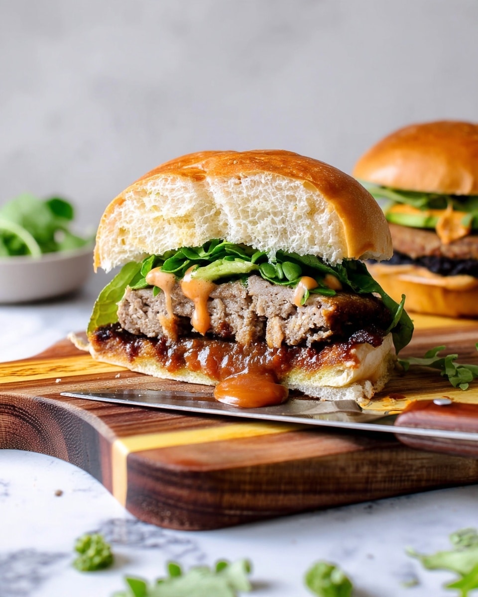 This image shows a burger sliced in half on a wooden board. The burger has three layers: the top bun is light brown and soft textured; under it is a layer of fresh green lettuce; next is a thick, cooked grayish-brown patty; below the patty, there is a dark brown sauce spread evenly on the bottom bun, which is light brown like the top. Some light orange creamy sauce is dripping down from the lettuce and patty. The burger is placed in front of another whole burger on the white marbled surface. There are some scattered green leaves on the board and a knife with a wooden handle next to the burger. Photo taken with an iphone --ar 4:5 --v 7