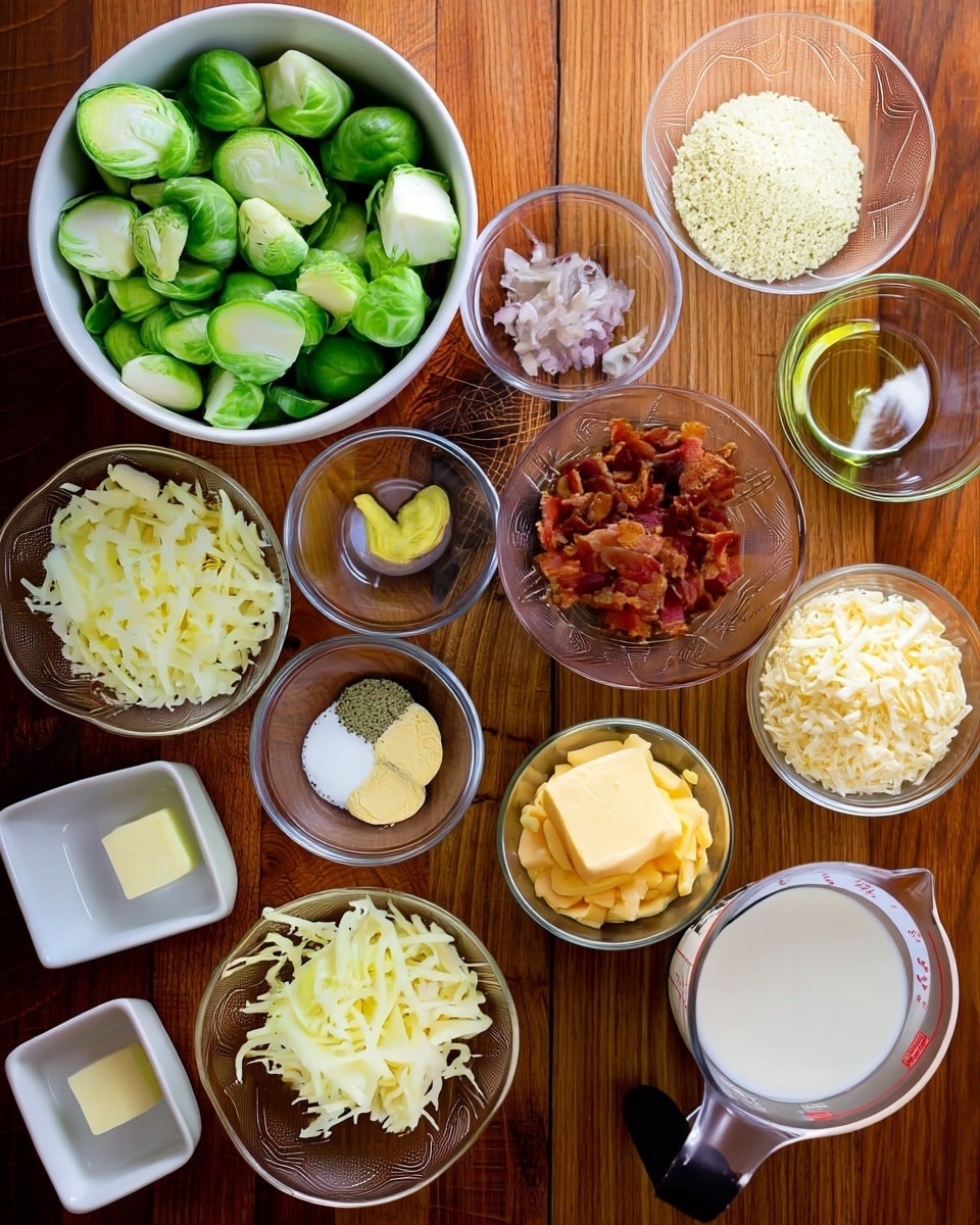 A top-down view of multiple small clear glass bowls filled with different ingredients neatly placed on a wooden surface. In the top left, a large white bowl holds fresh Brussels sprouts cut in half, bright green and textured with layers. To the right, small bowls contain finely chopped onions, pale yellow breadcrumbs, crispy bacon pieces in deep red-brown, and a light golden clear liquid, likely oil. Near the center bottom, two small bowls hold different shredded cheeses, soft white and pale yellow, fluffy and stringy. Another small bowl has smooth yellow mustard in a soft dollop, while a measuring jug filled with white cream or milk sits on the right side with clear measurement marks. There is also a small white dish with a square of light yellow butter. The background is a warm brown wood with visible natural grain. photo taken with an iphone --ar 4:5 --v 7