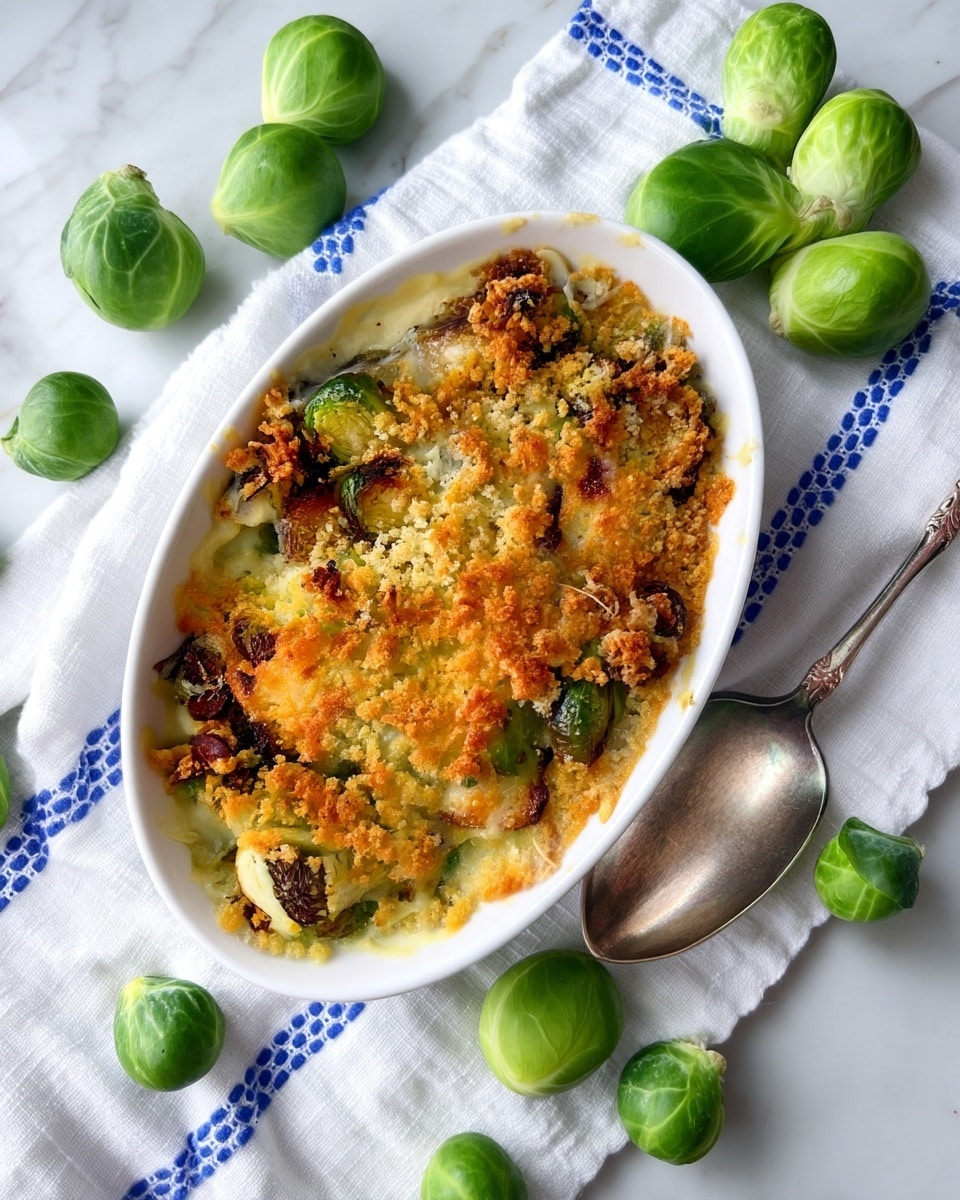 An oval white dish filled with a baked casserole that has a golden brown crumb topping. Under the crispy top, there are green Brussels sprouts, some browned and crispy from baking, mixed with a creamy sauce visible around the edges. The crumb layer is uneven with toasted golden crumbs and darker browned bits, giving it a crunchy texture. The dish is placed on a white towel with blue stitching, and fresh green Brussels sprouts are scattered around on a white marbled surface. A vintage silver spoon is lying next to the dish. photo taken with an iphone --ar 4:5 --v 7