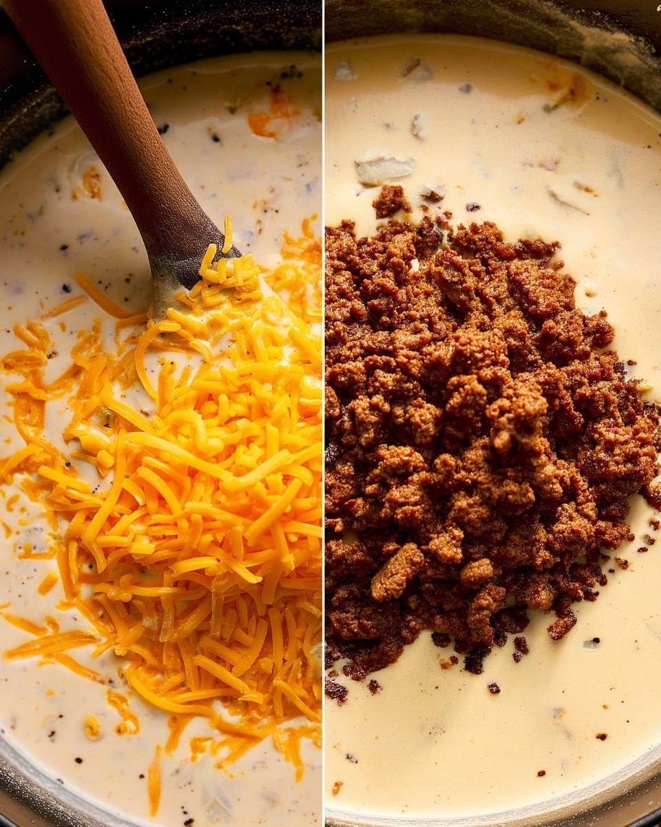 Two images side by side show a pot with creamy white sauce base. In the left image, there is a thick layer of sauce, pale cream color with small black specks, and bright orange shredded cheese piled in the middle on top of the sauce. A wooden spoon is partially submerged in the sauce near the shredded cheese. In the right image, the creamy sauce remains as the base layer, and on top, a mound of crumbly brown cooked meat is placed in the center, creating a rough textured layer that stands out against the smooth sauce. The pot's dark edge frames the creamy sauce in both images. Photo taken with an iphone --ar 4:5 --v 7